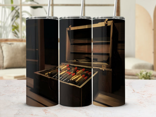 Tumblers featuring a dark background with a wooden ammo box filled with gold and red bullets.