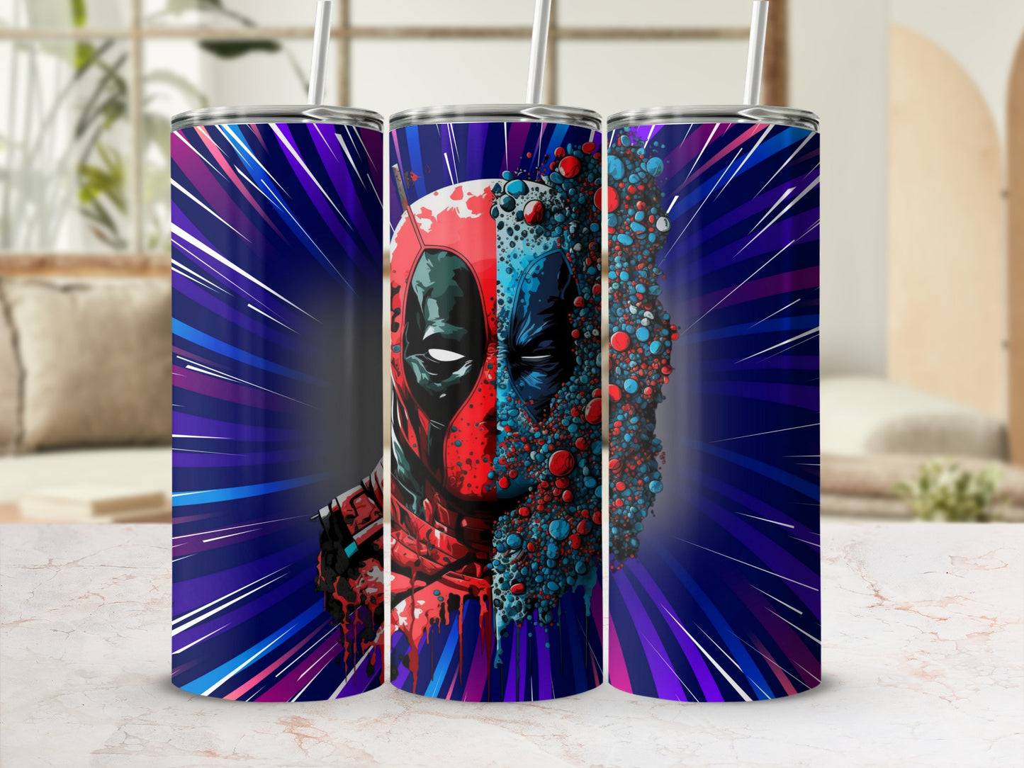 Vibrant Deadpool Art Tumbler with Blue and Red Accents