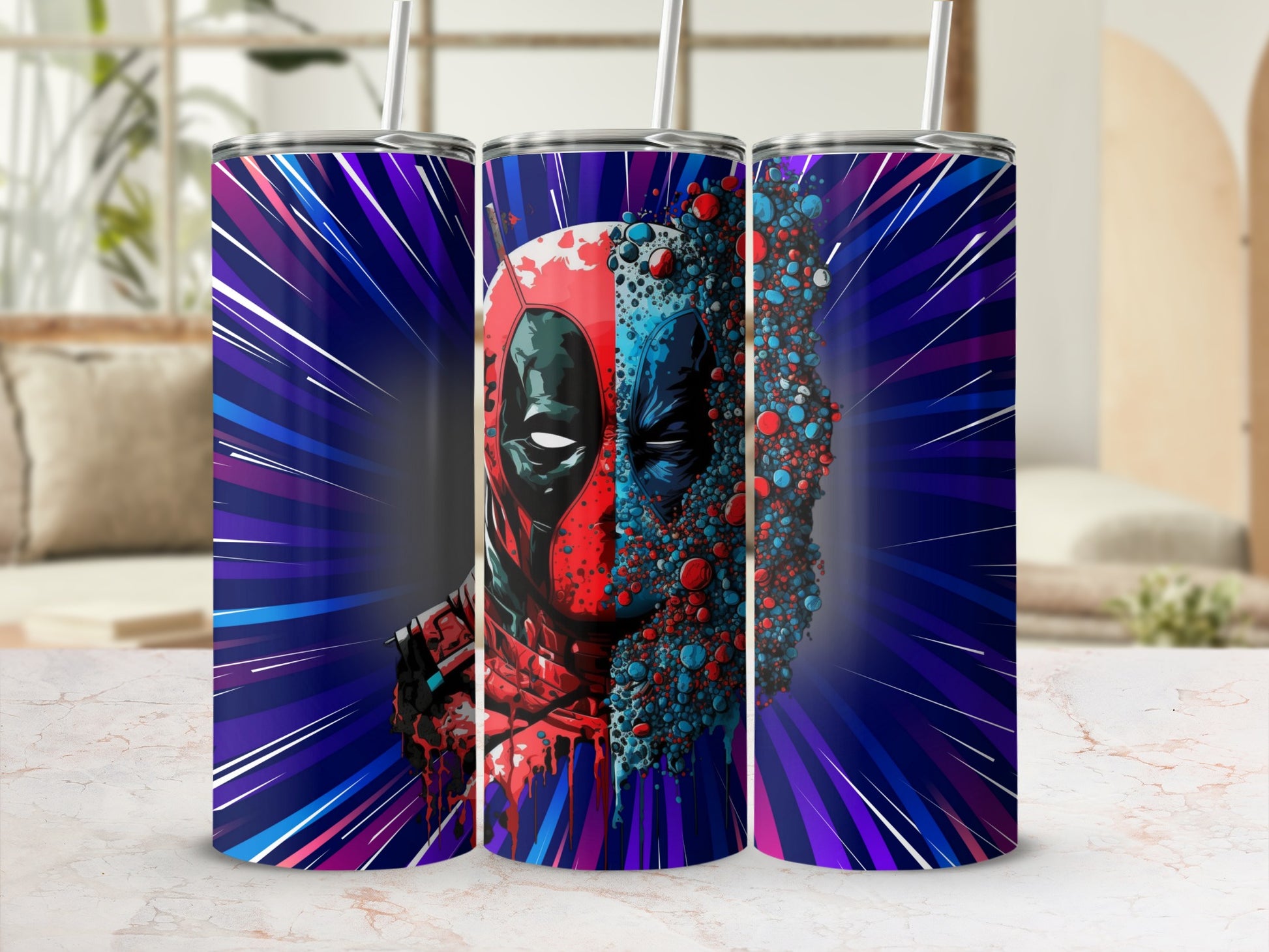 Vibrant Deadpool Art Tumbler with Blue and Red Accents