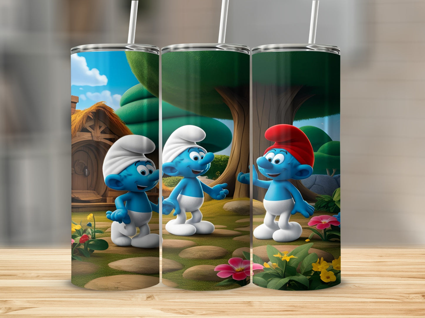 Three Smurfs in a whimsical forest setting with flowers and a Smurf house.