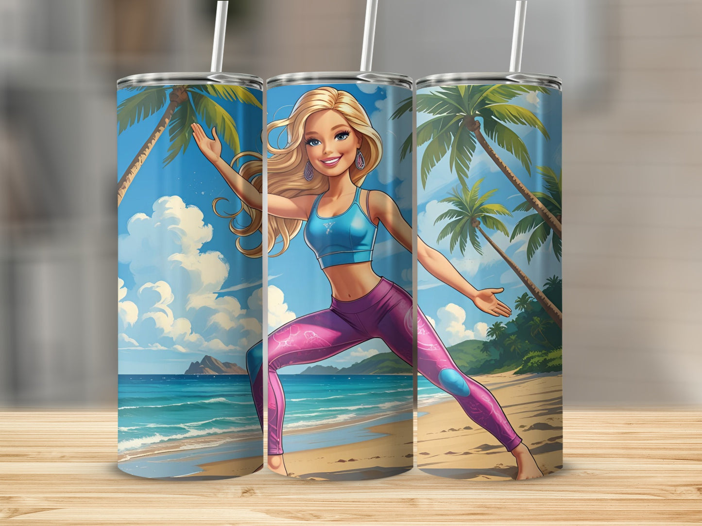 Barbie in yoga pose on beach with palm trees and ocean.