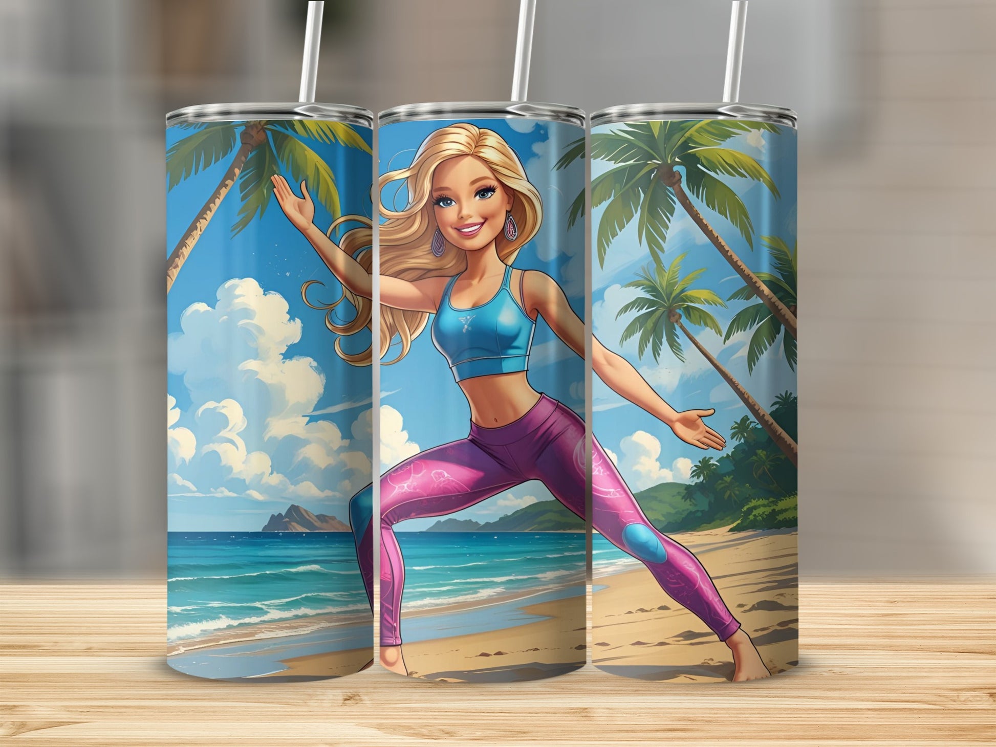 Barbie in yoga pose on beach with palm trees and ocean.