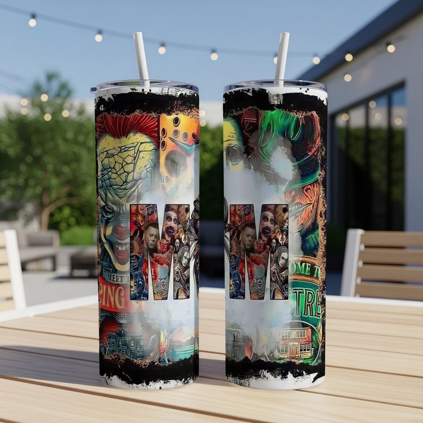 Two tumblers with horror movie collages on a table, featuring movie posters and characters.
