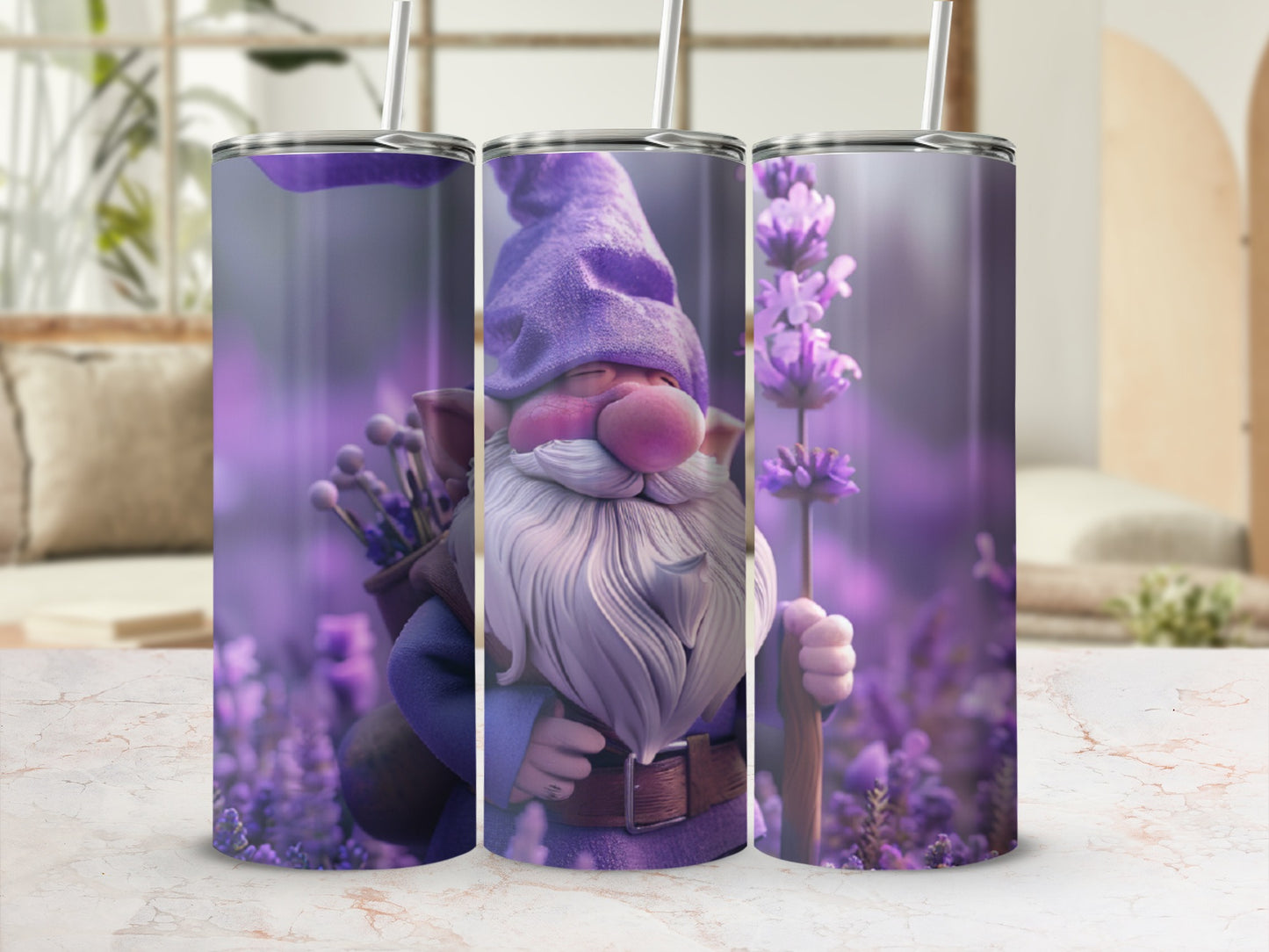 Purple gnome with white beard holding lavender and leaning on a staff.