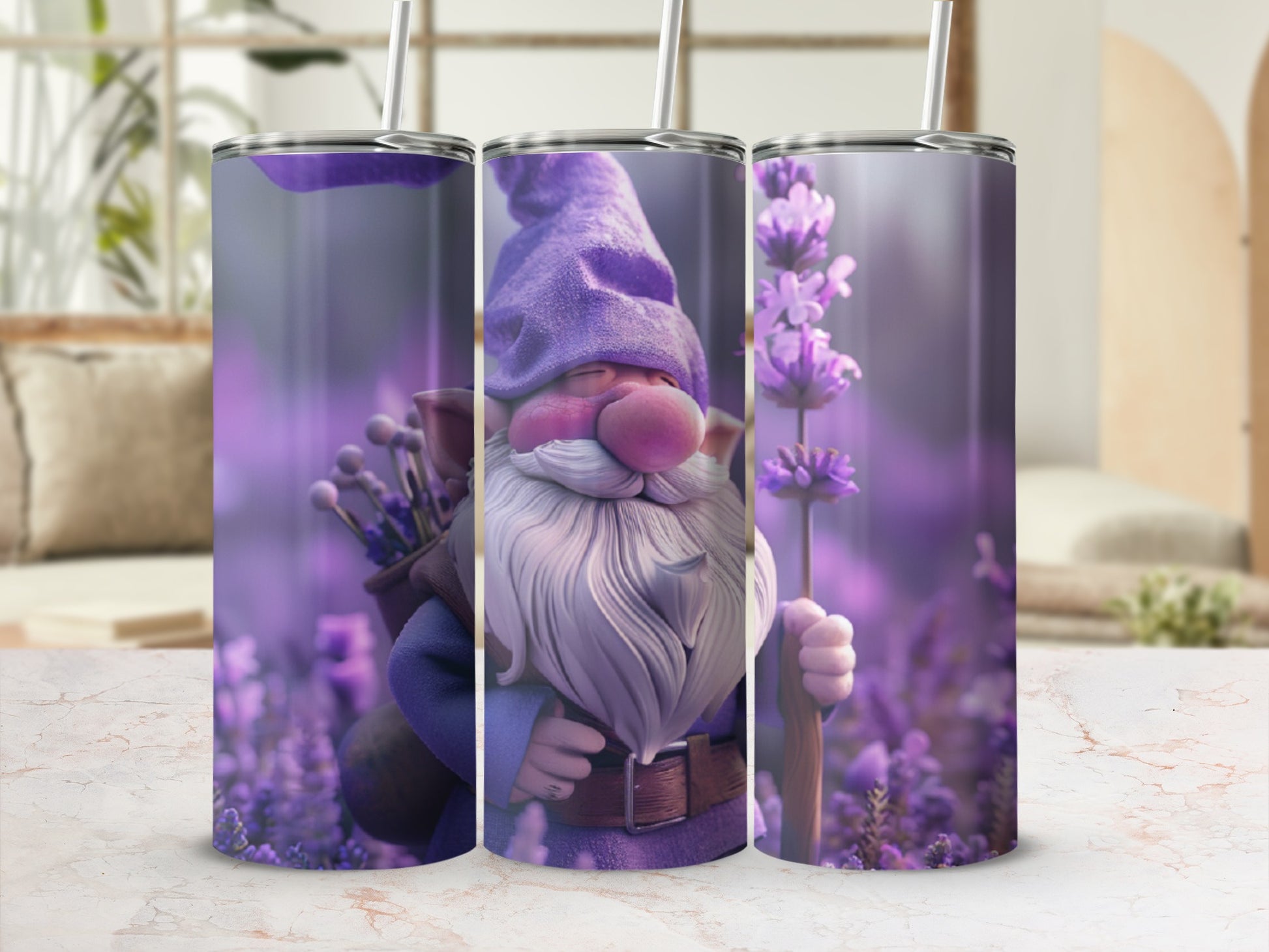 Purple gnome with white beard holding lavender and leaning on a staff.