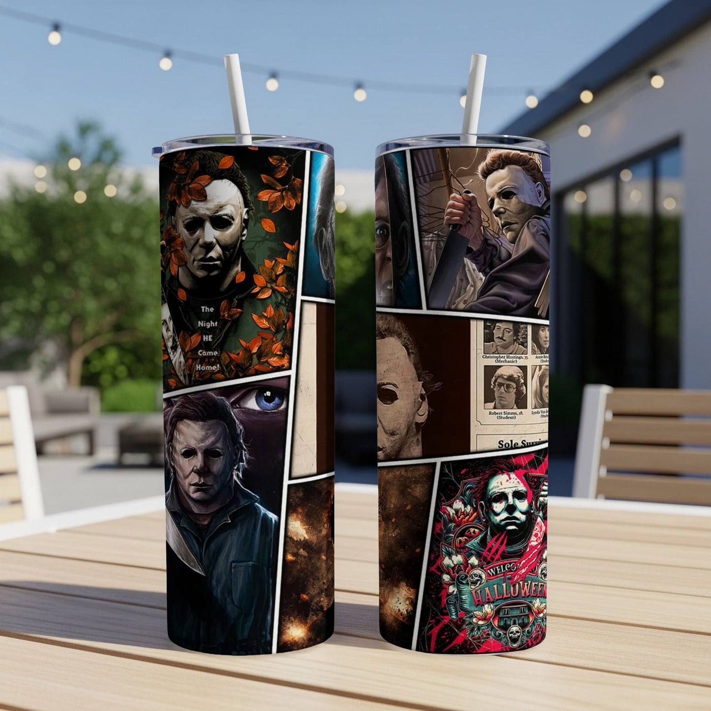 Michael Myers collage tumbler with "The Night HE Came Home!" text.