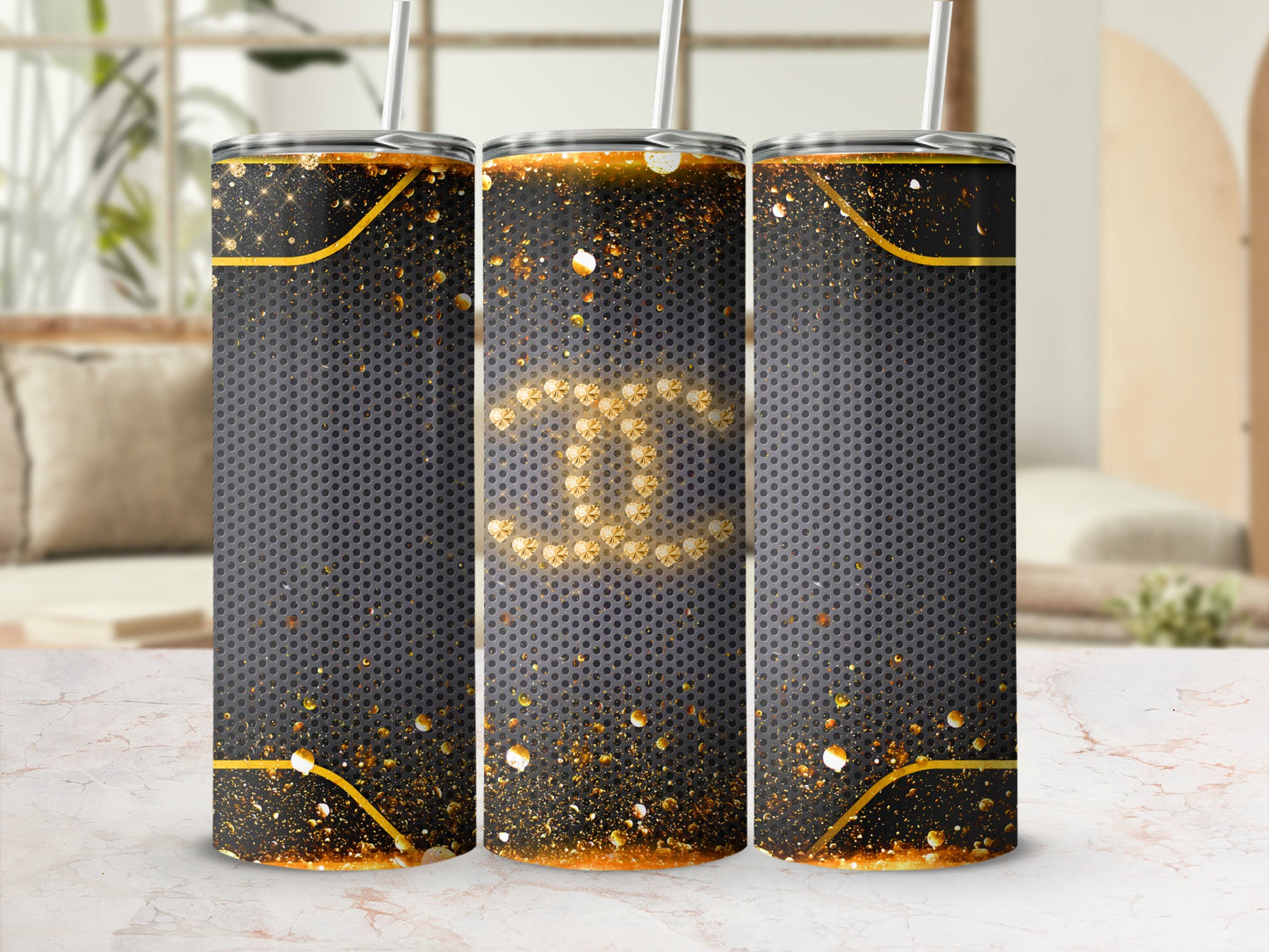 Sparkling Gold and Black Tumbler for Stylish Beverages