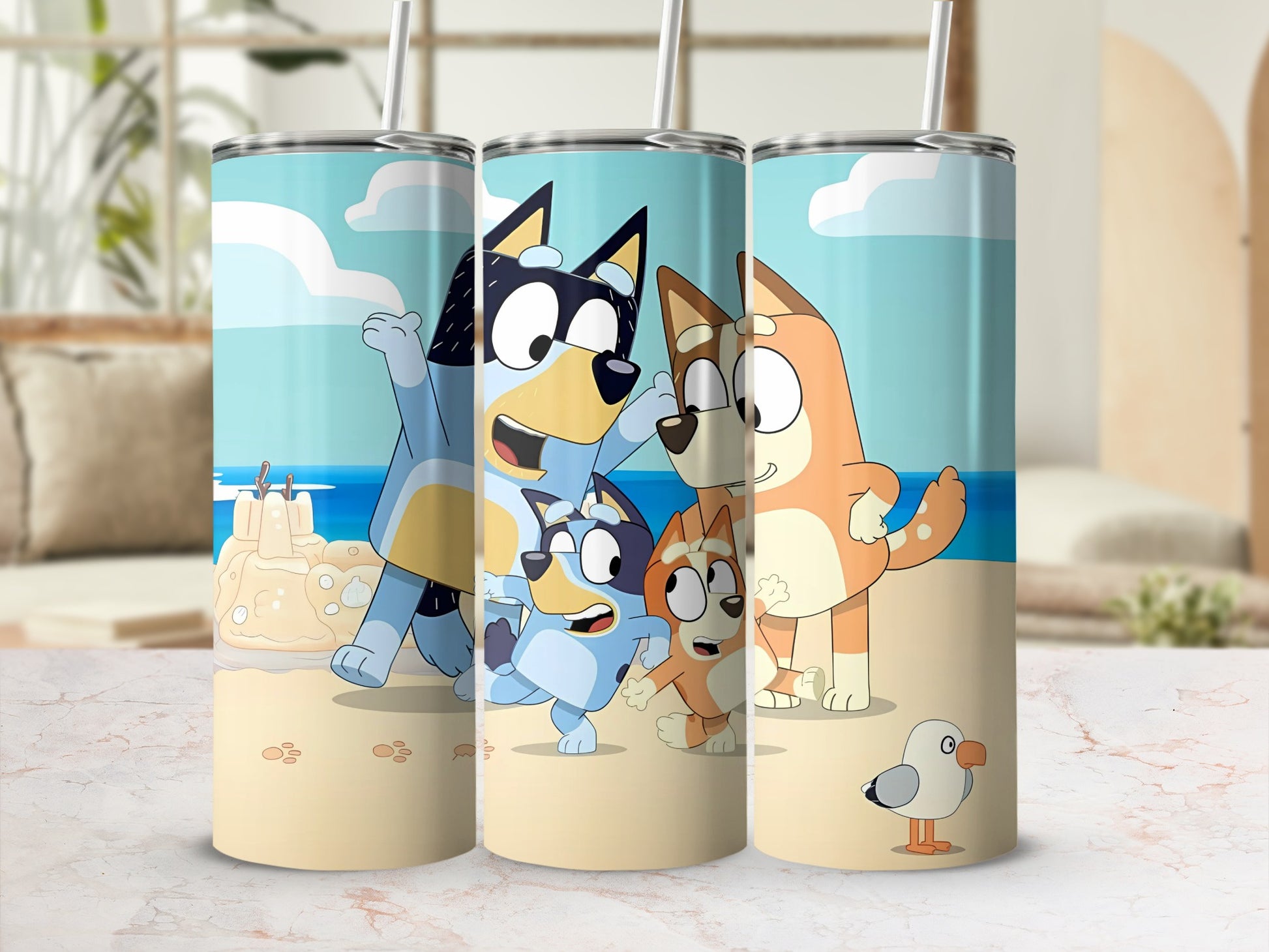 Adorable Cartoon Family Beach Theme Tumbler Cup