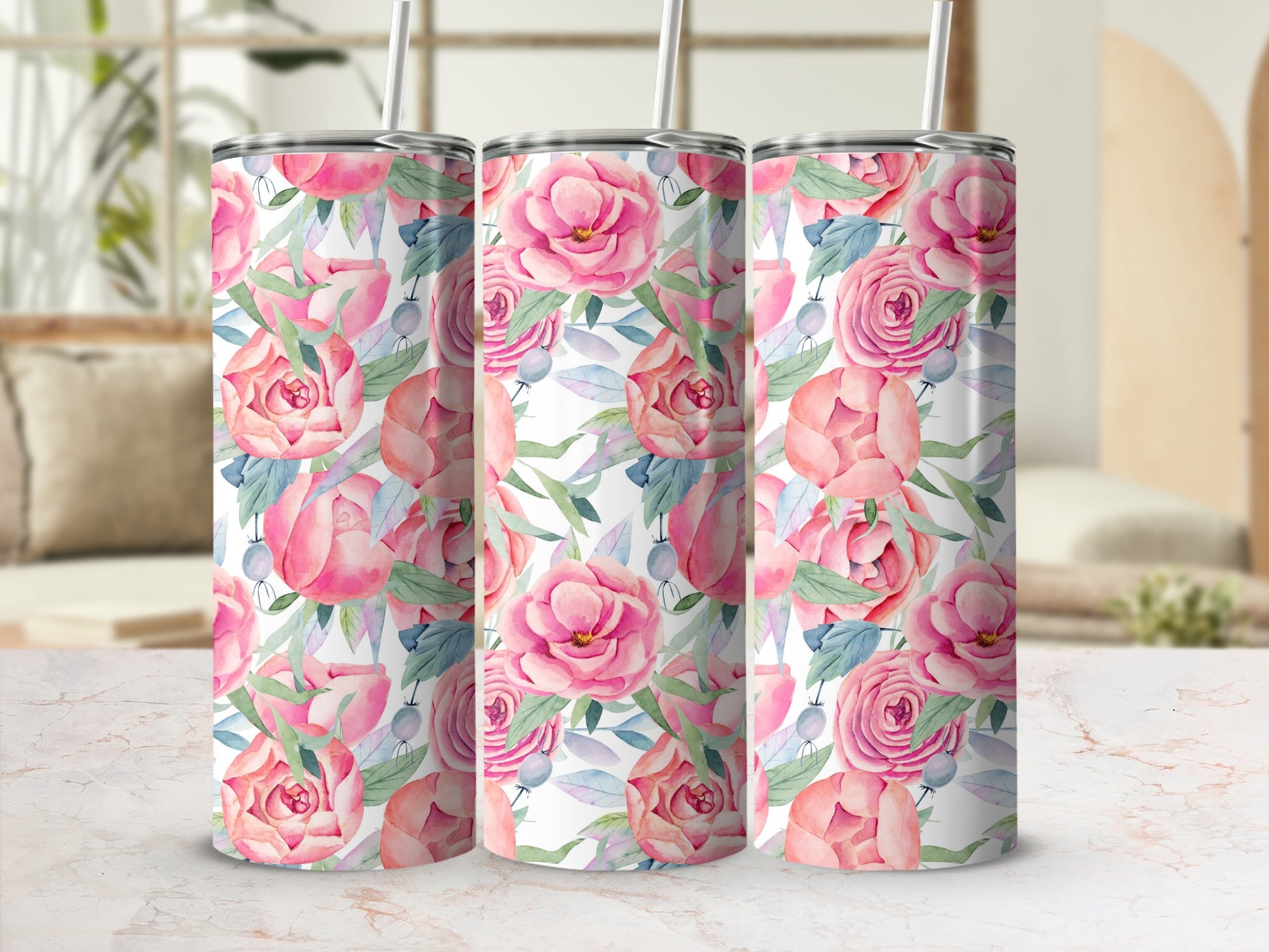Pink Watercolor Floral Roses Pattern Tumbler product type