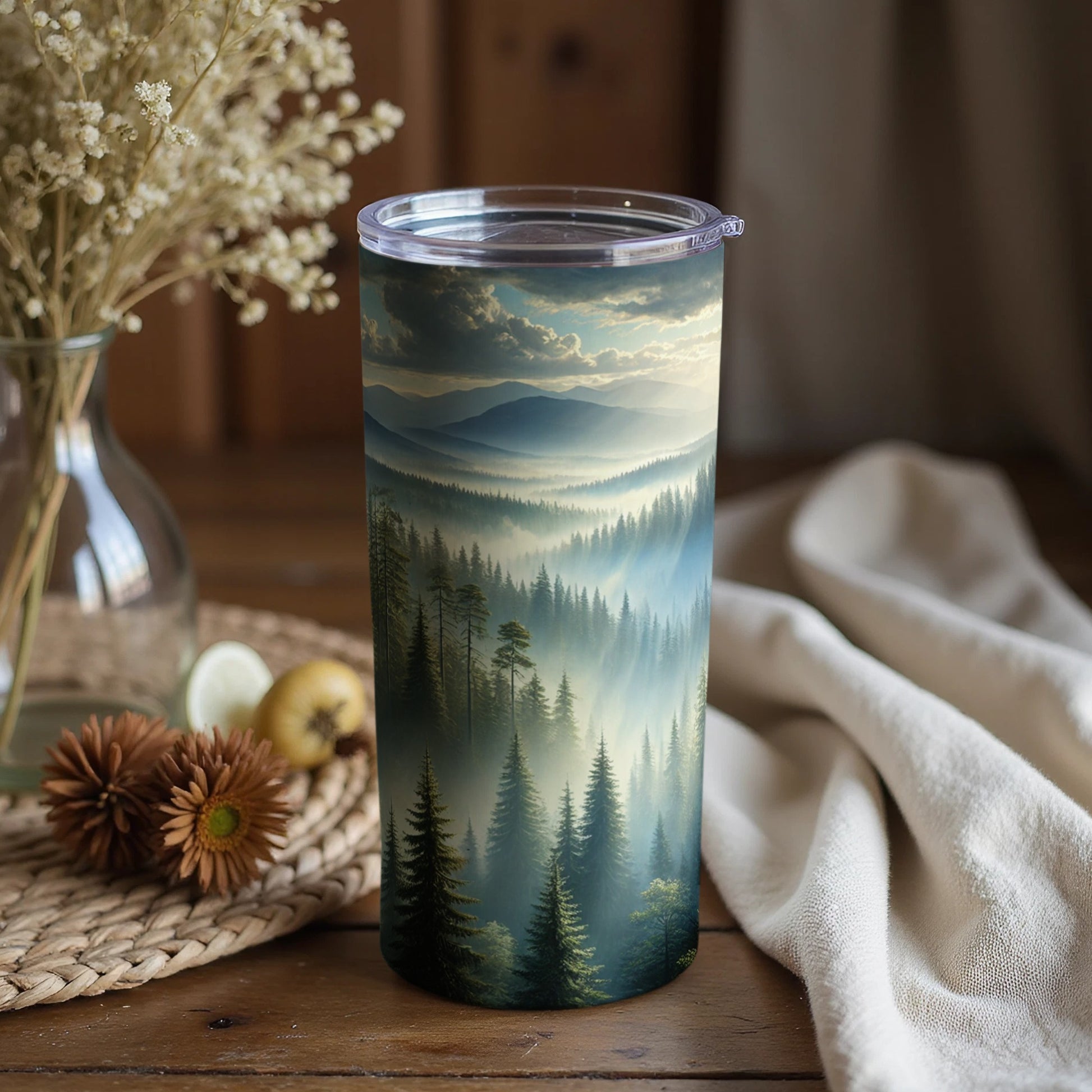 Serene Mountain Forest Scenic Design Tumbler Cup