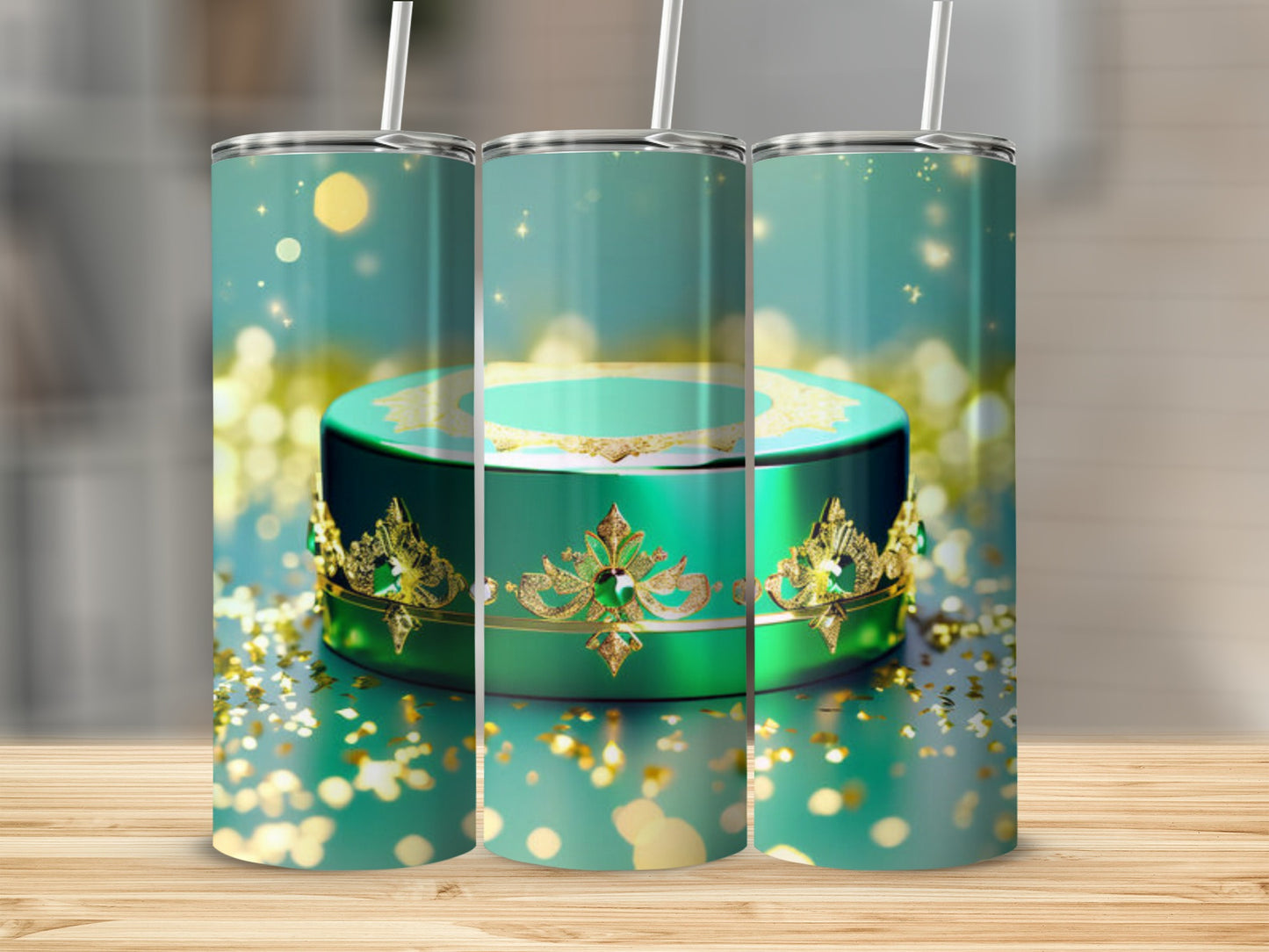 Green and gold ornate circular box with confetti on a wooden surface.