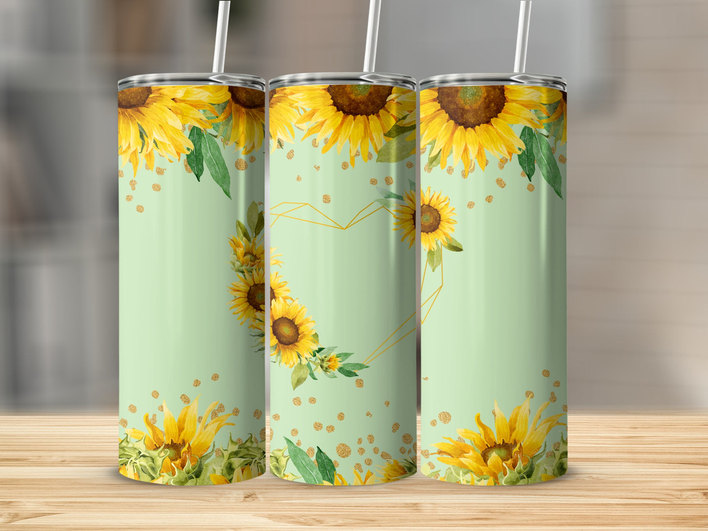 Mint green tumbler with sunflowers, gold heart, and polka dots.