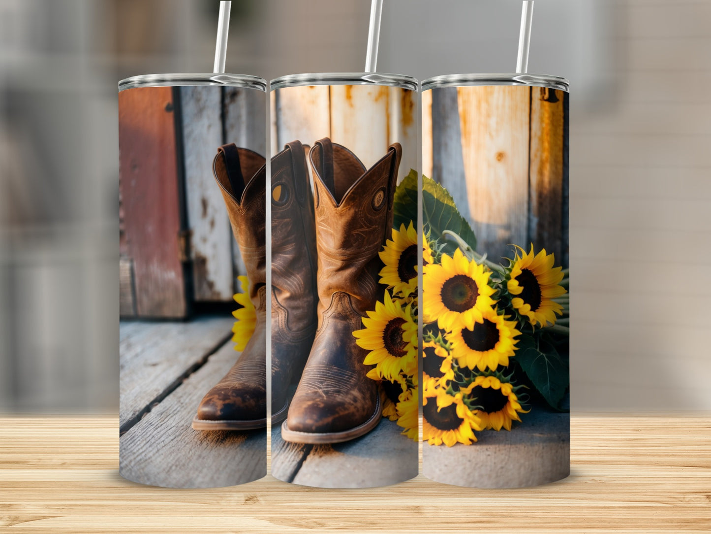 Brown leather cowboy boots and sunflowers on a rustic wooden surface.