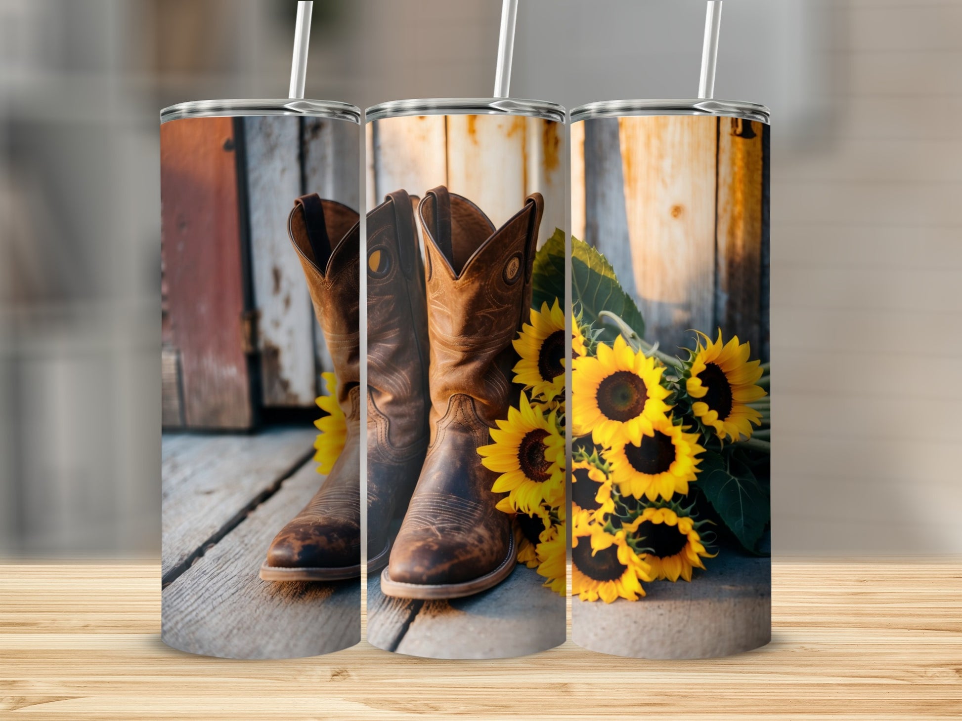 Brown leather cowboy boots and sunflowers on a rustic wooden surface.