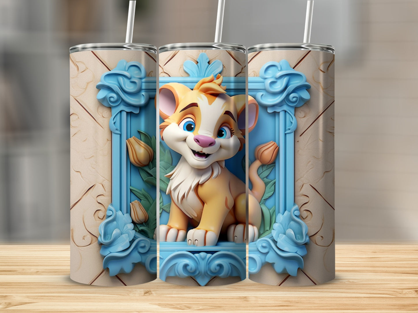 Adorable Cartoon Kitten with Floral Frame Tumbler
