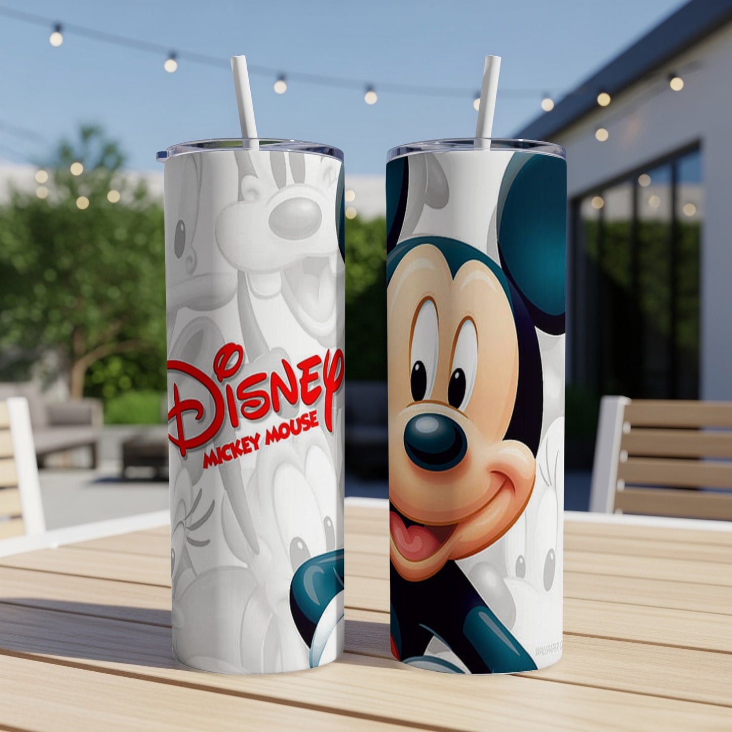 Two Mickey Mouse tumblers, one featuring a close-up of Mickey's face, the other with the "Disney Mickey Mouse" logo.