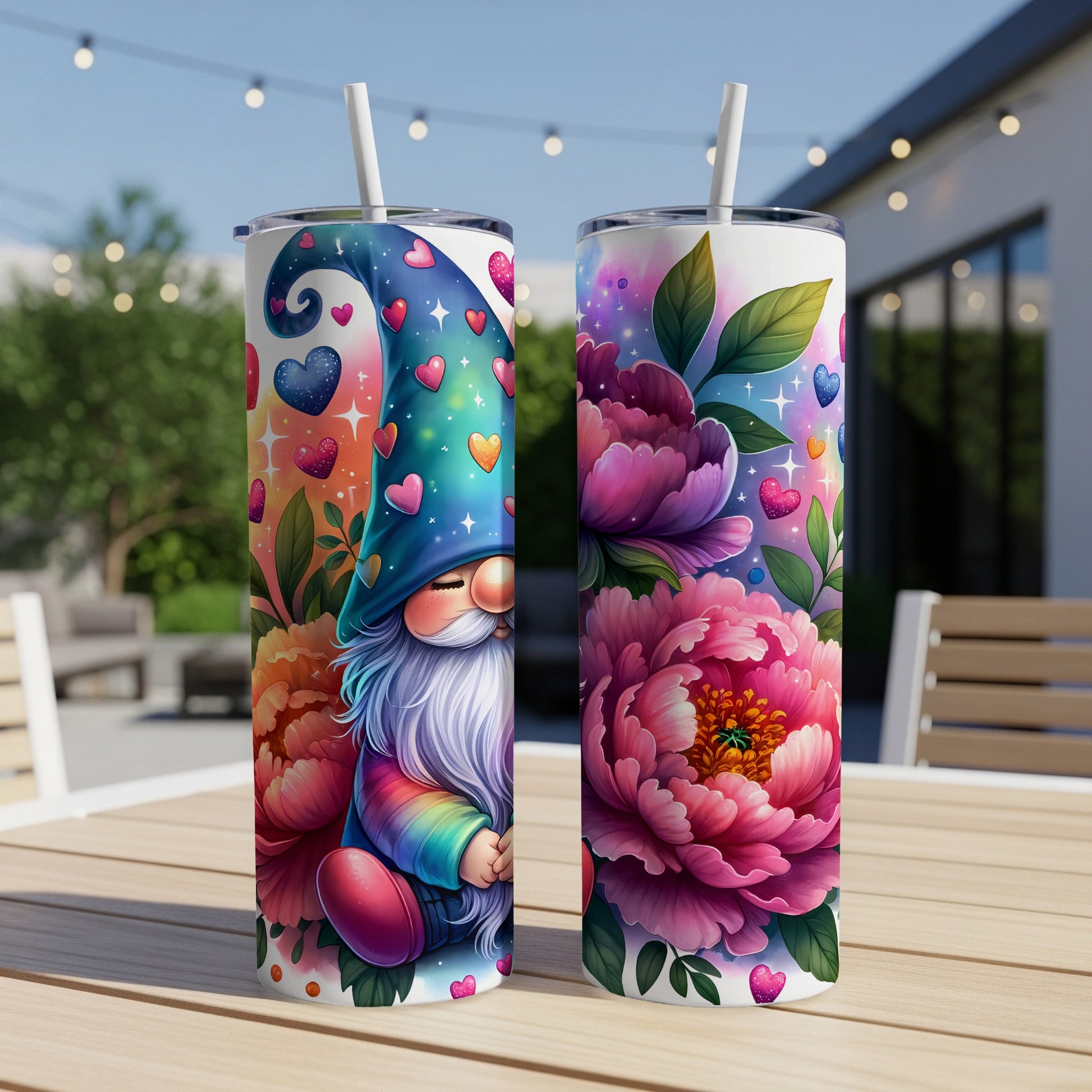Two tumblers with a gnome and flowers design sit on a table.