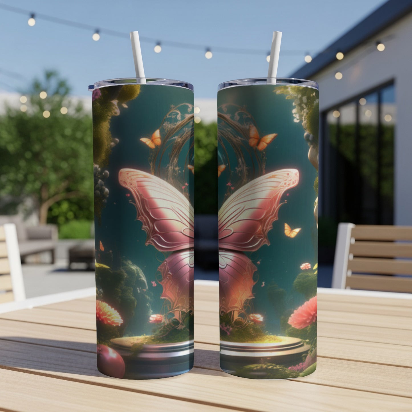Two tumblers with a fantasy butterfly design stand on a wooden table.