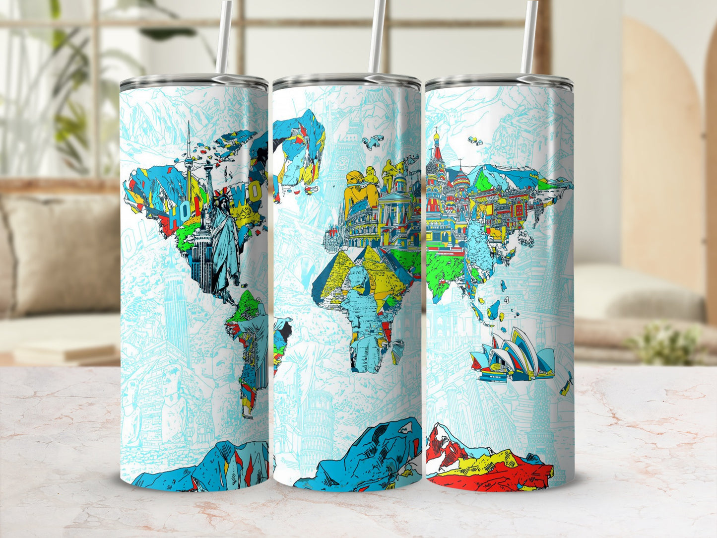 Three travel tumblers featuring a colorful world map with famous landmarks and cities.