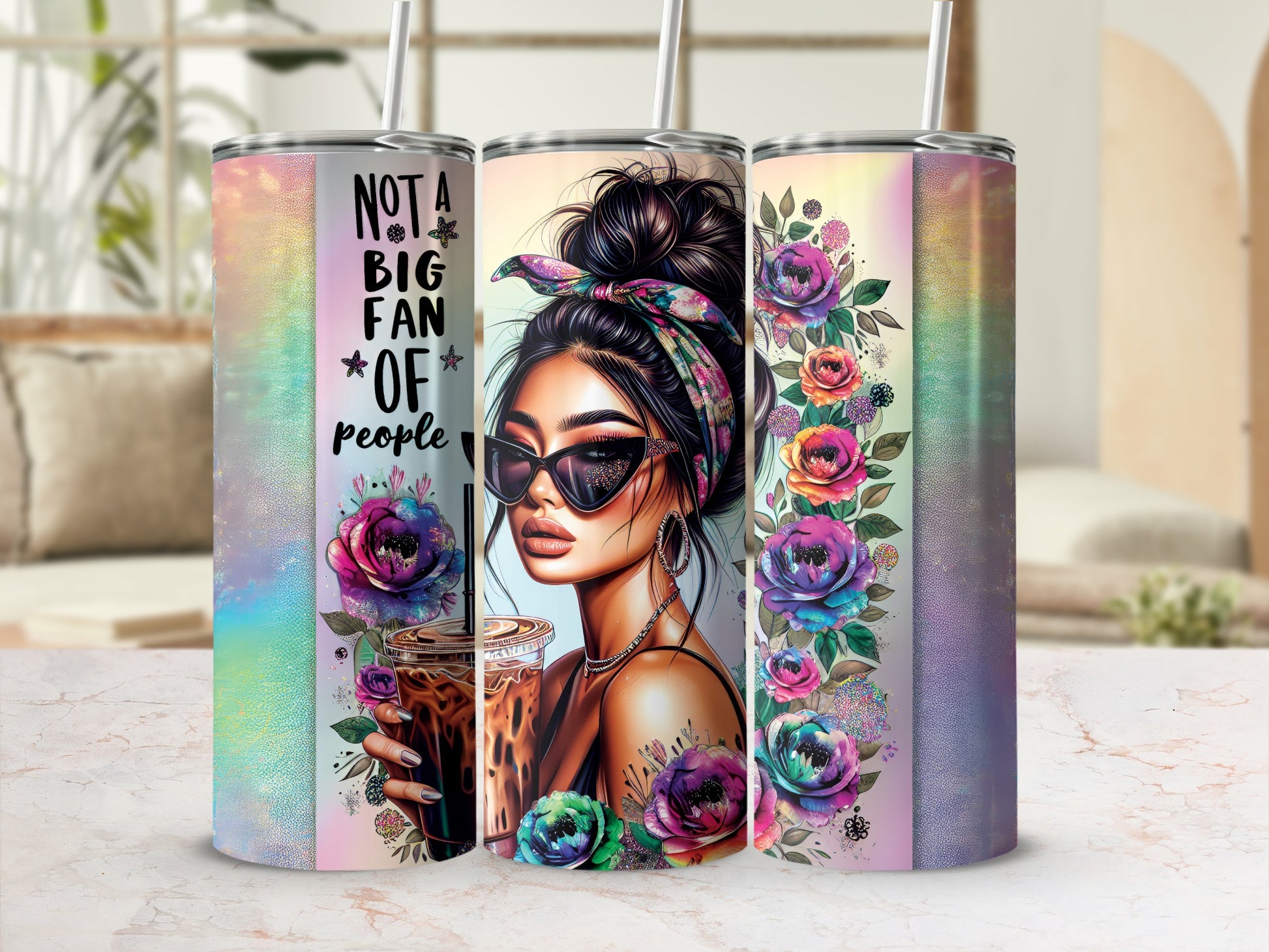Tumbler with "Not a big fan of people" text and floral designs.