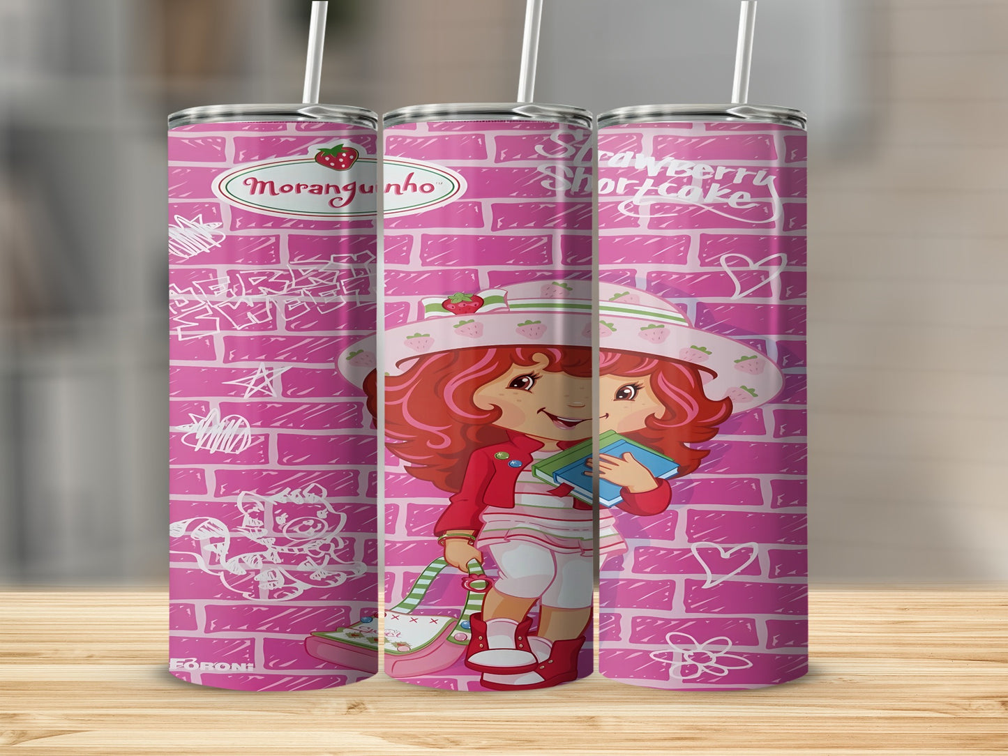 Strawberry Shortcake with books, holding a bag, on a pink brick background.