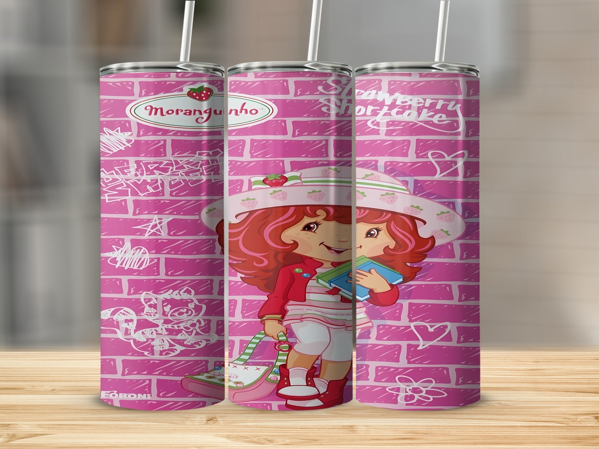 Strawberry Shortcake with books, holding a bag, on a pink brick background.