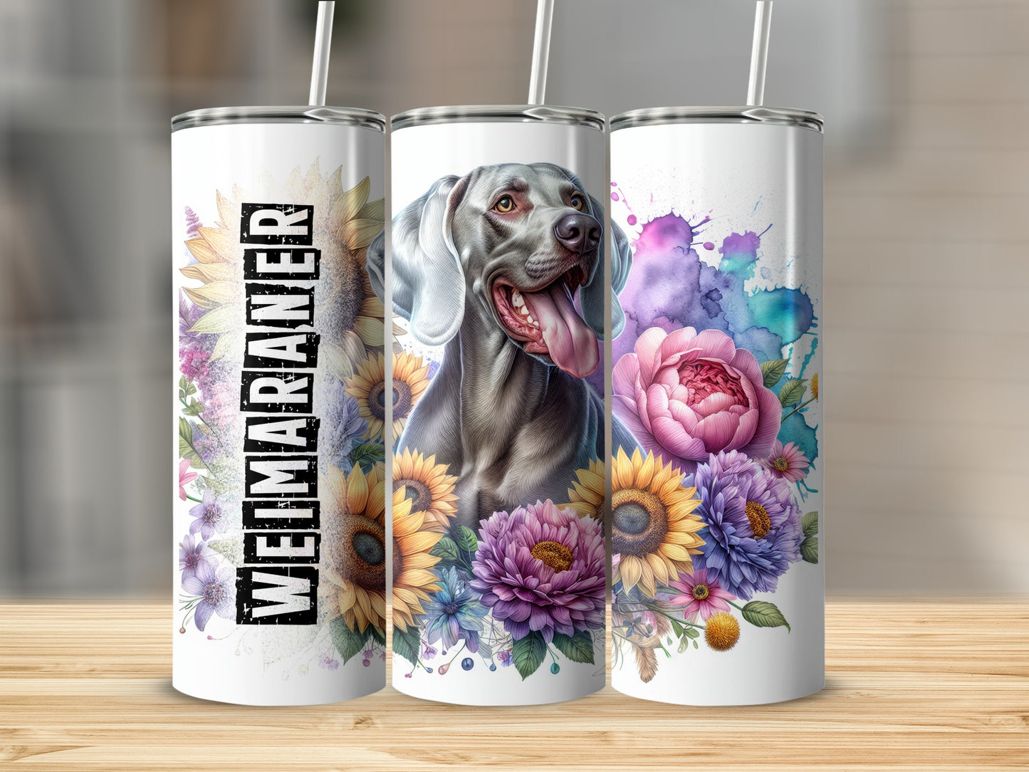 Weimaraner dog with colorful floral accents on three tumblers.