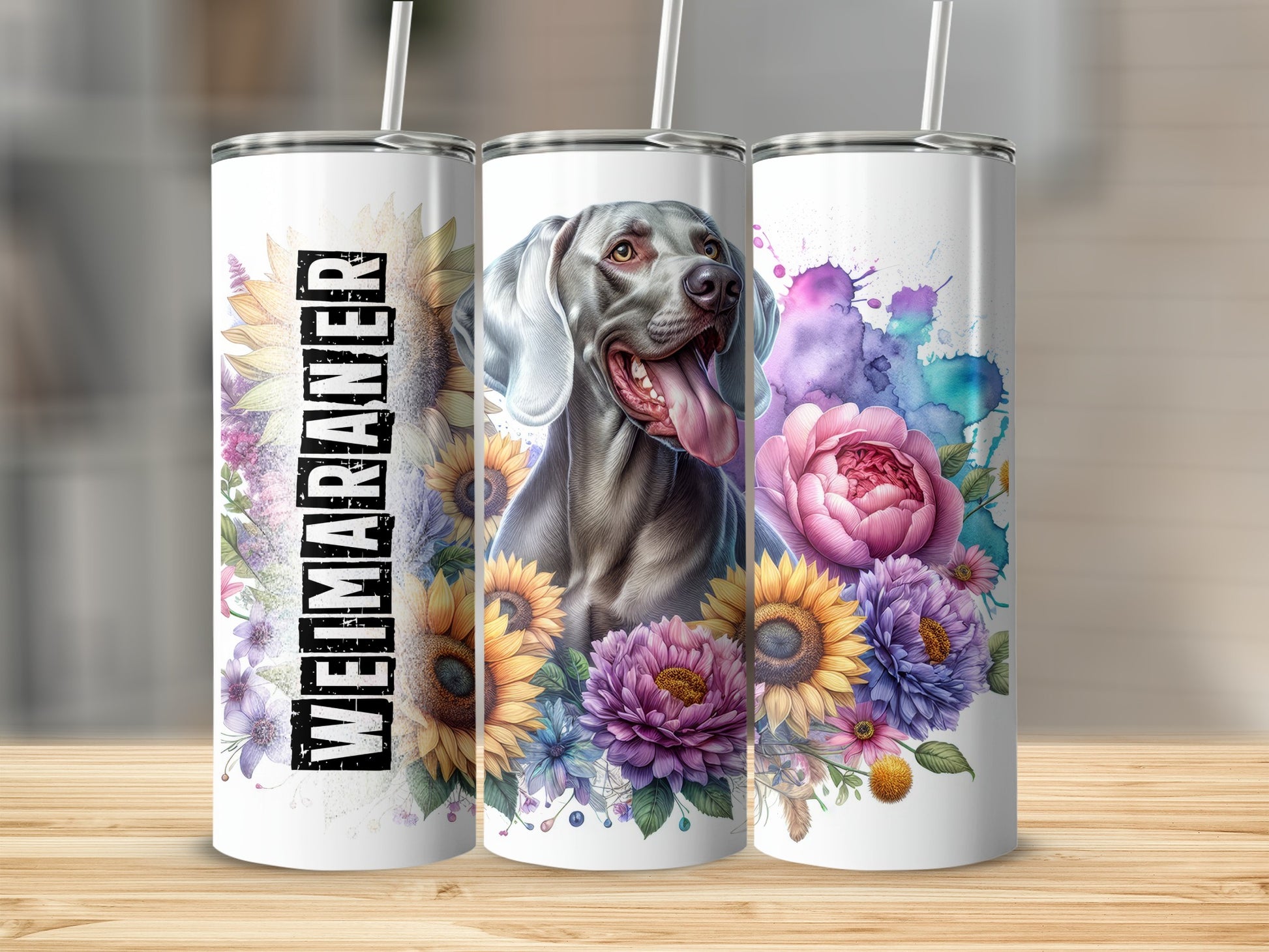 Weimaraner dog with colorful floral accents on three tumblers.