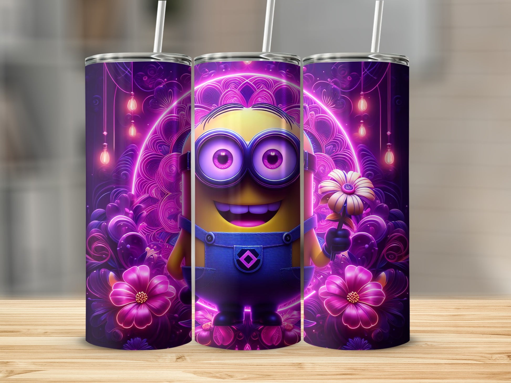 Minion with Flower Purple Neon Theme Tumbler Product