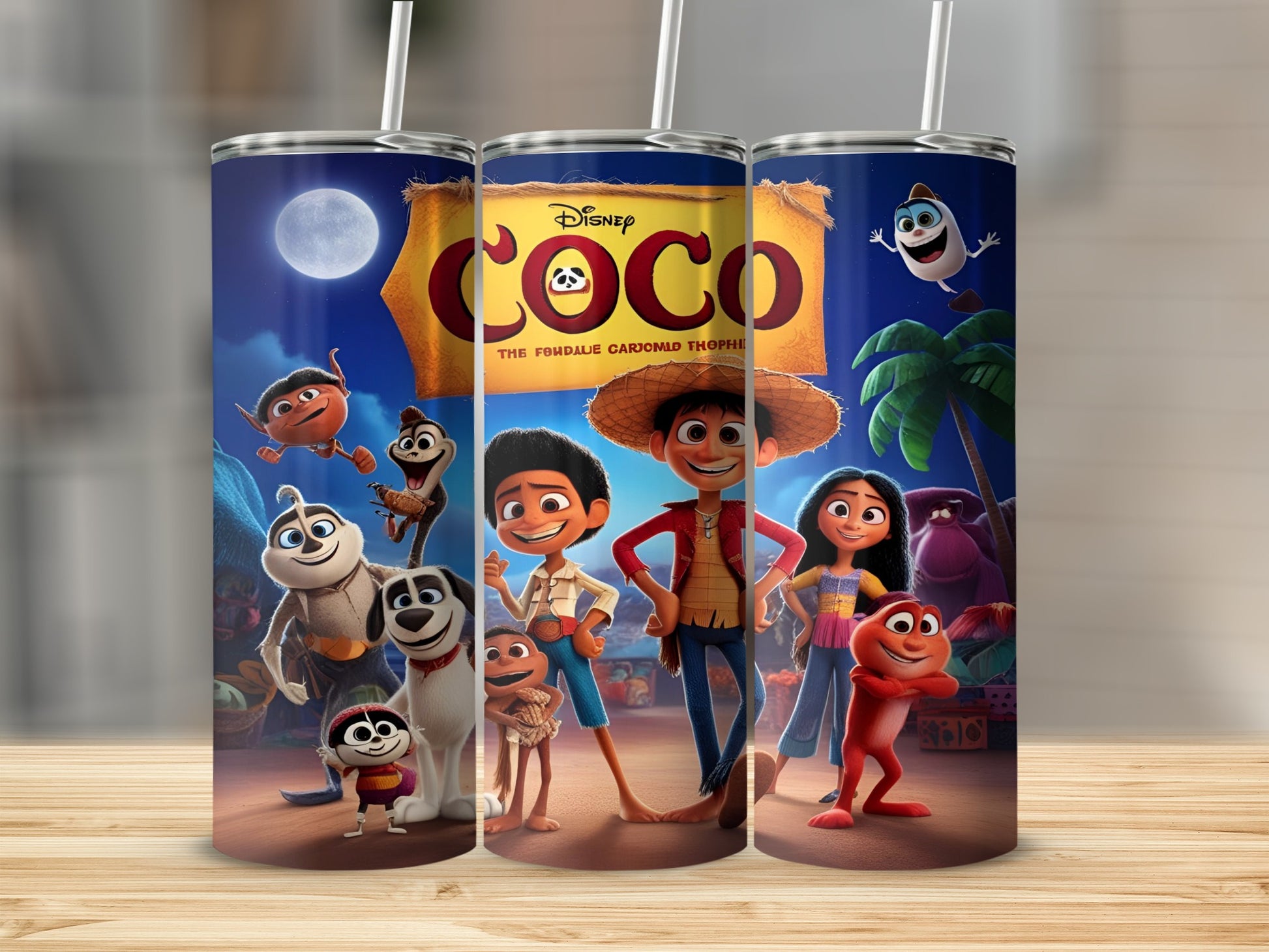 Coco movie characters Miguel, Hector, and others on a tumbler.