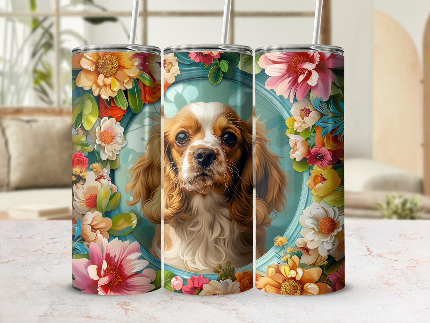 Tumbler with a portrait of a Cavalier King Charles Spaniel surrounded by floral art.