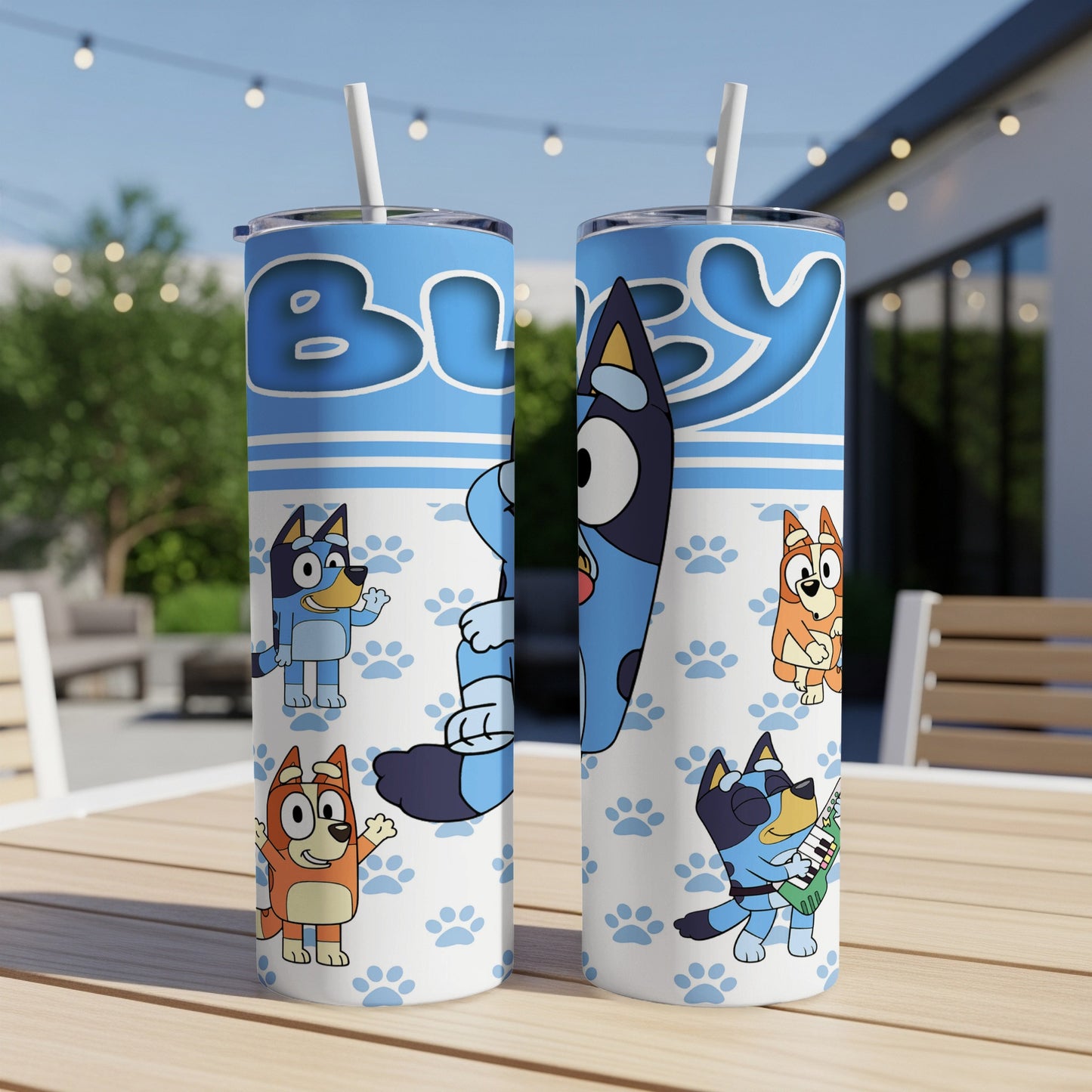Bluey cartoon characters on a blue and white patterned tumbler.