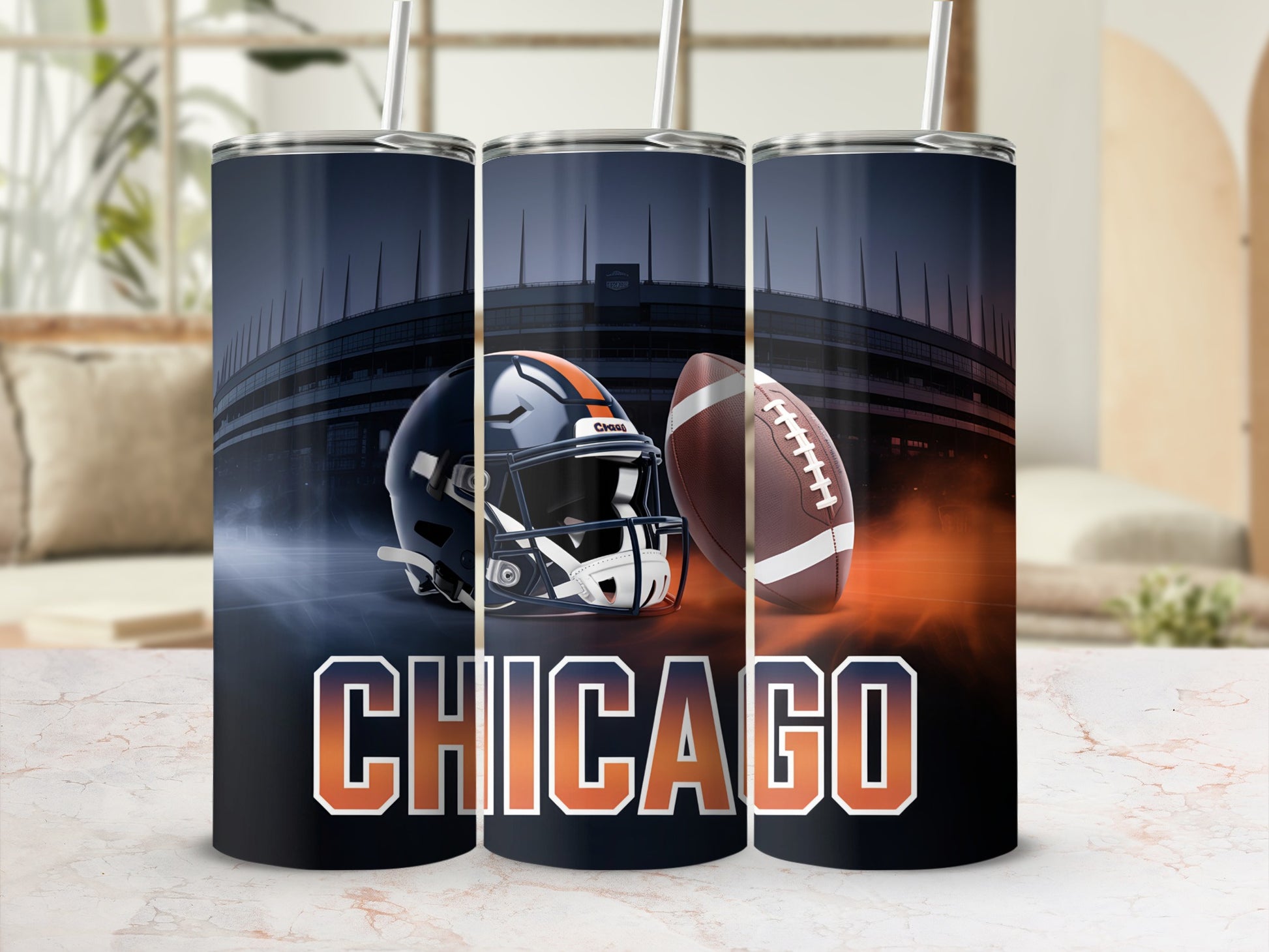 Chicago football helmet and ball on a stadium background.