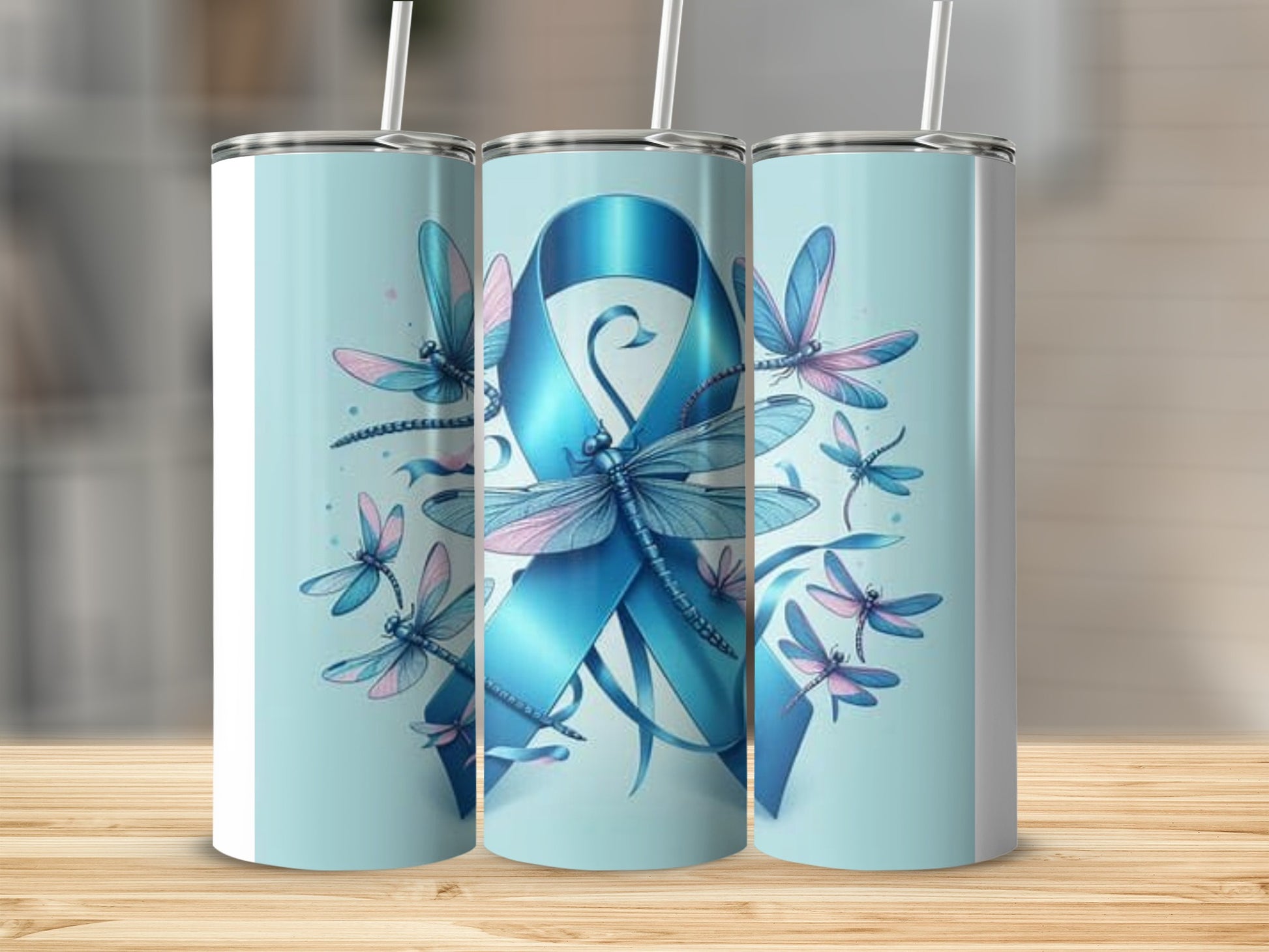 Blue Ribbon and Dragonflies Design Tumbler Cup