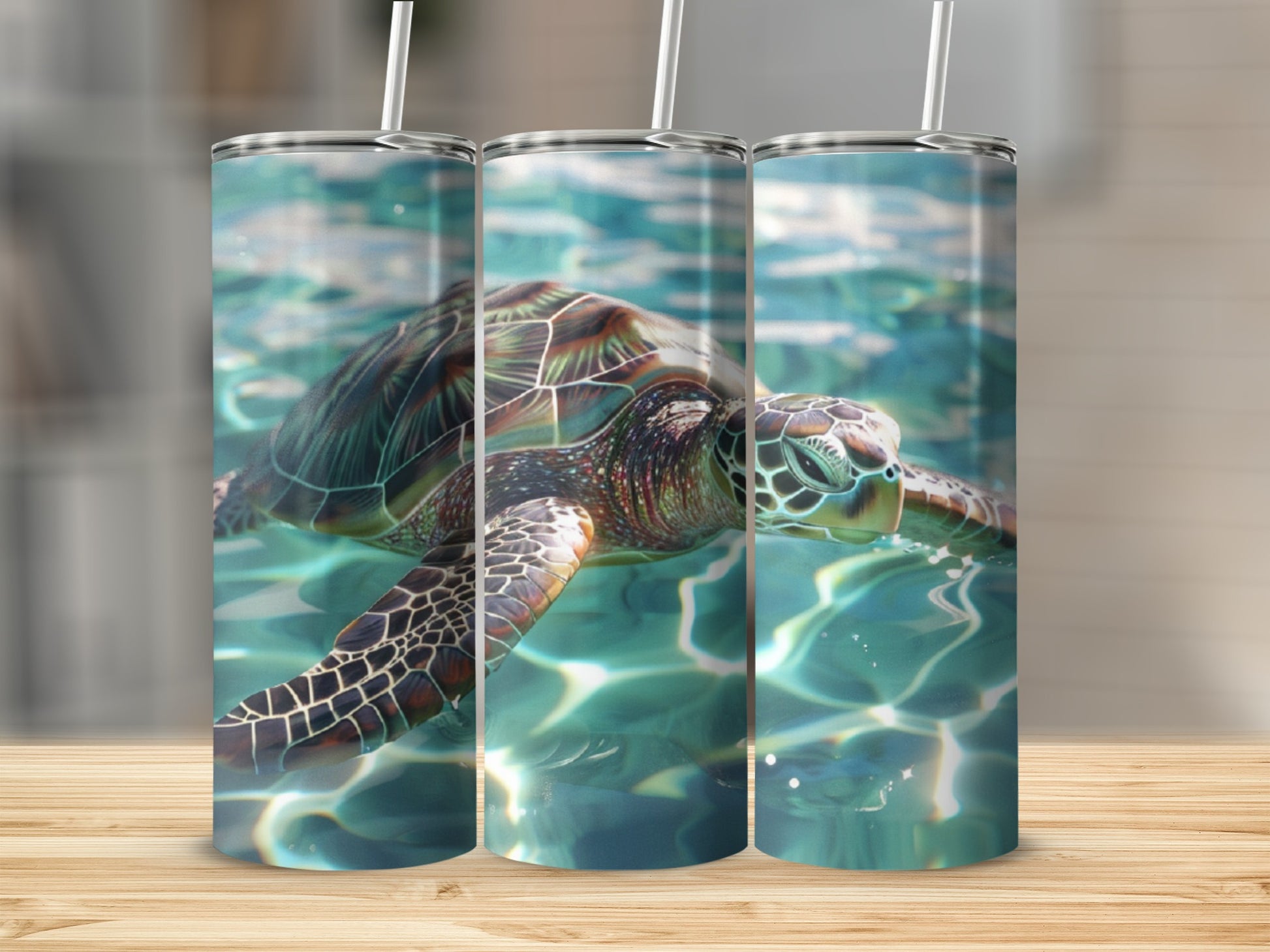 Sea turtle swims in clear, shimmering water.