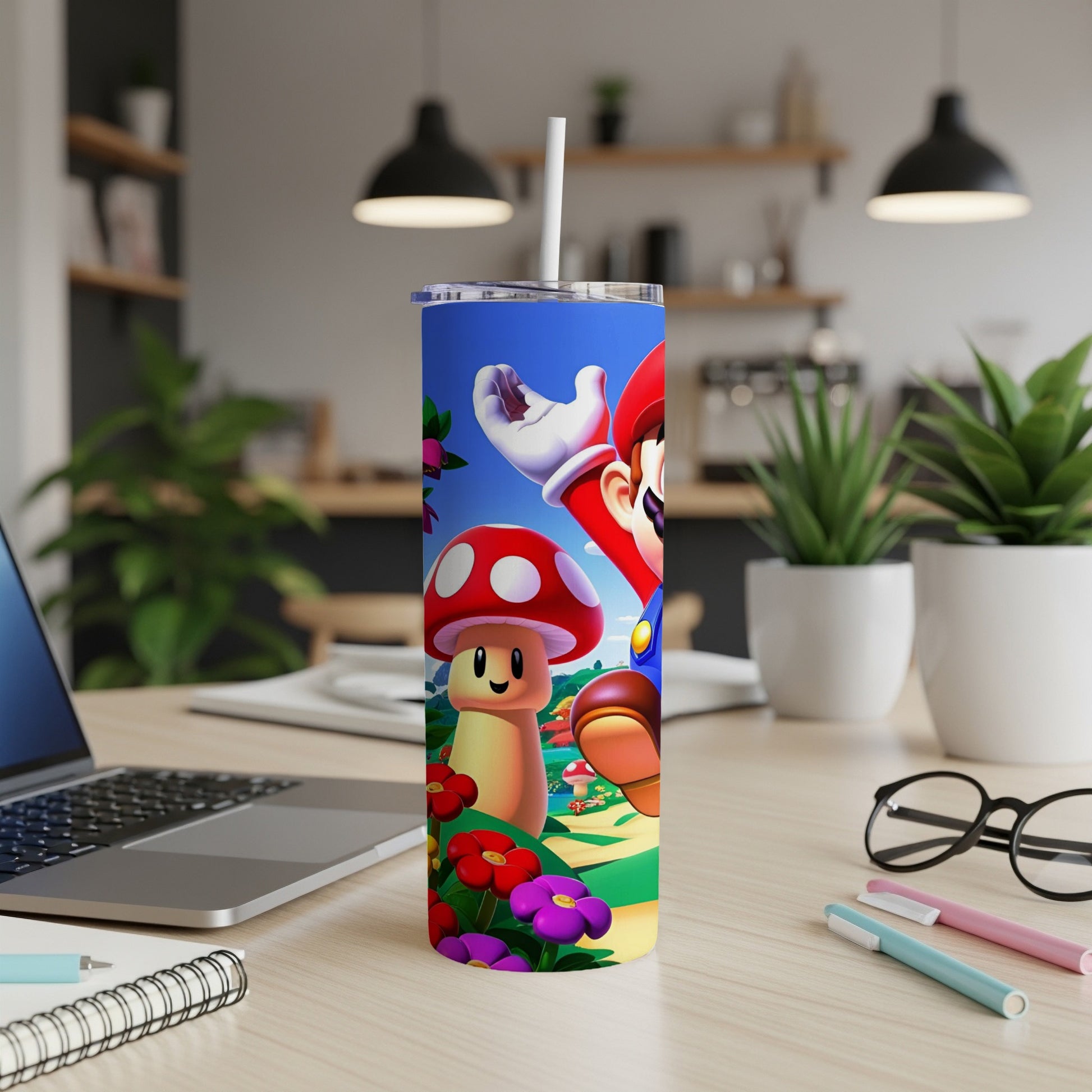 Super Mario characters and mushrooms on a blue tumbler with a straw.
