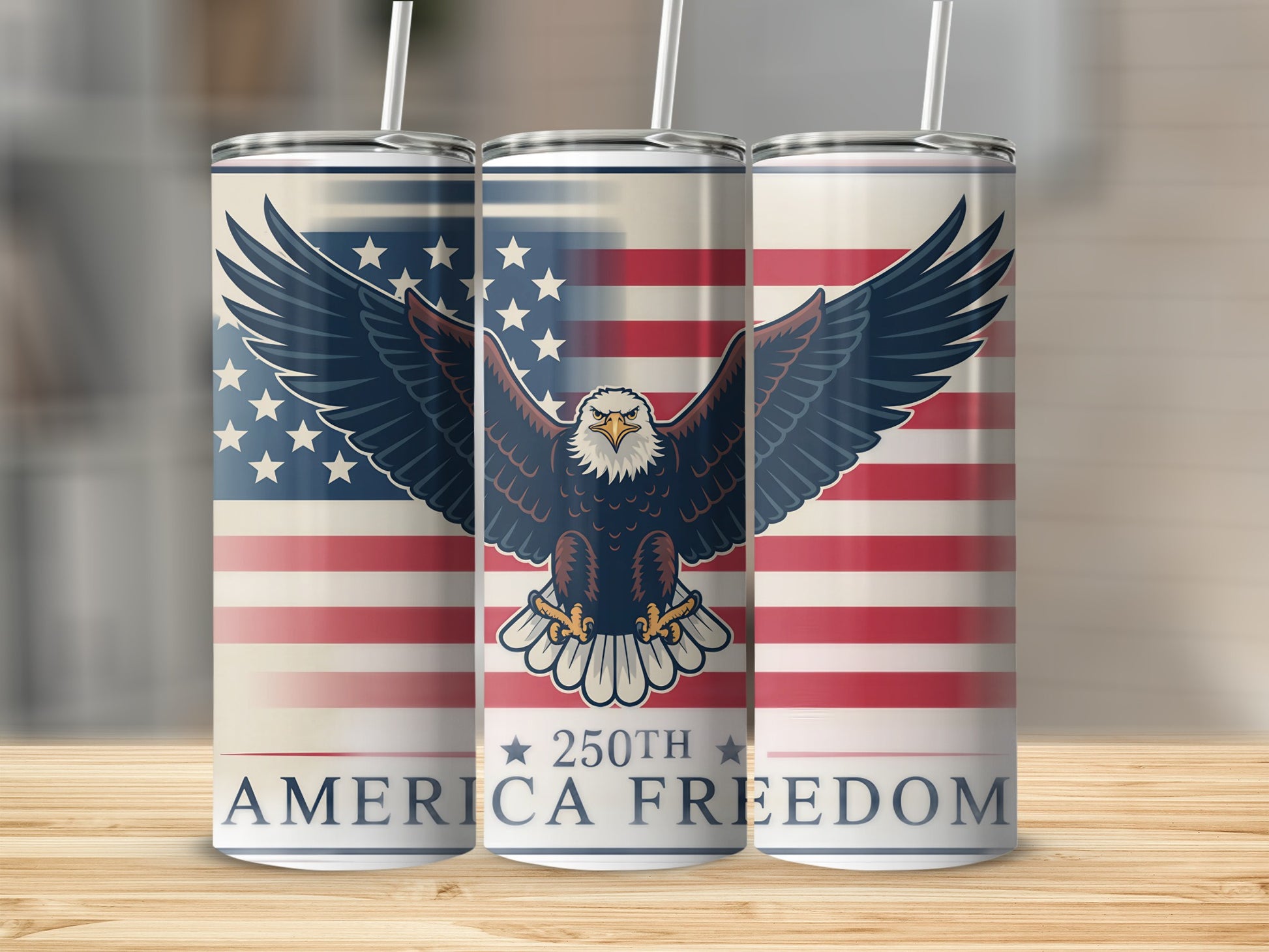 Tumbler featuring an eagle with American flag and "250th America Freedom" text.