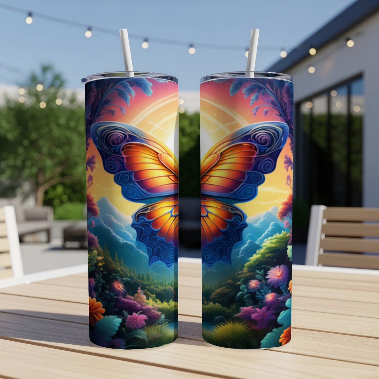 Two colorful tumblers with butterfly wings design sit on a wooden table.