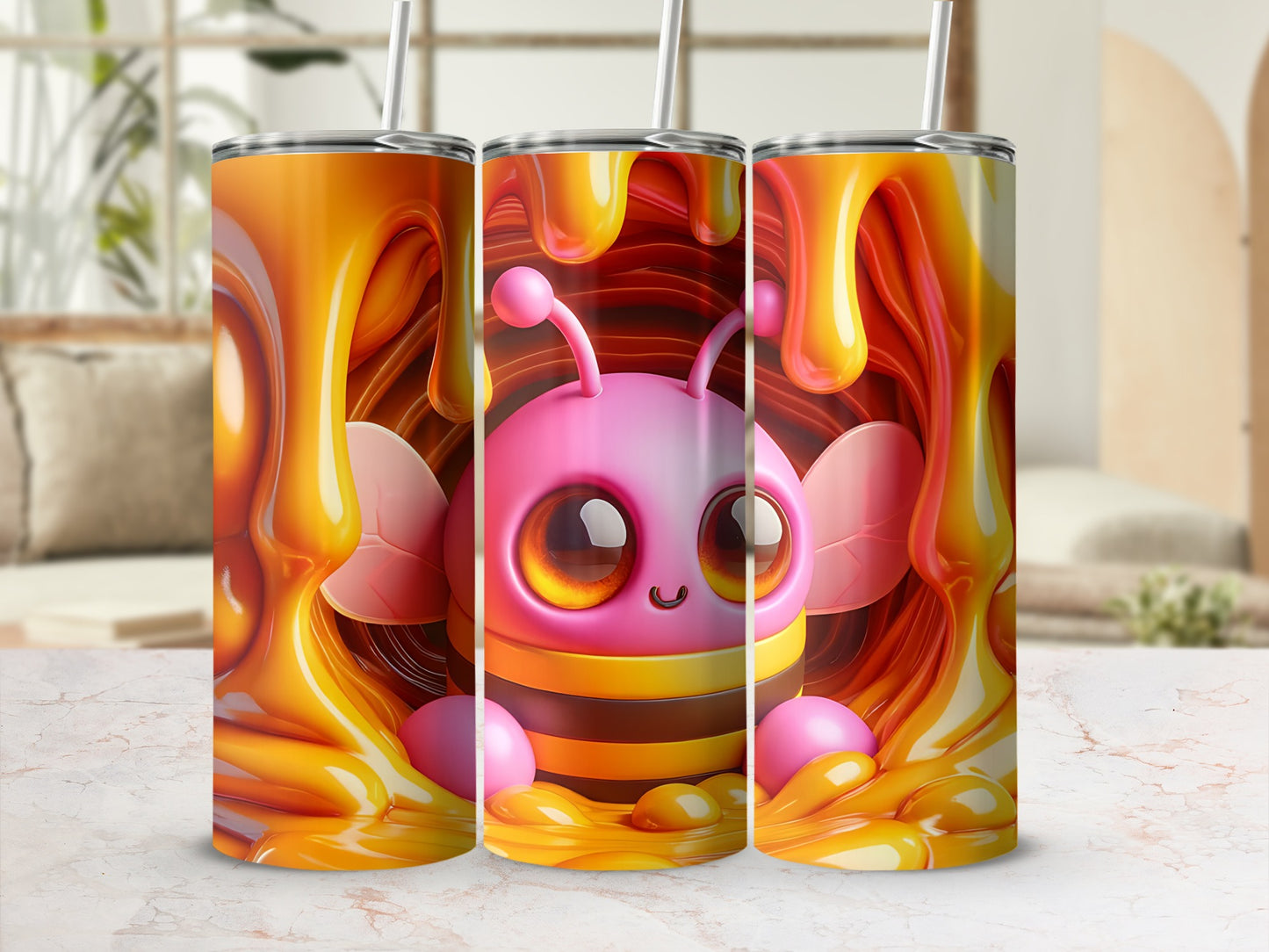 Cute cartoon bee with honey drips on a tumbler cup.