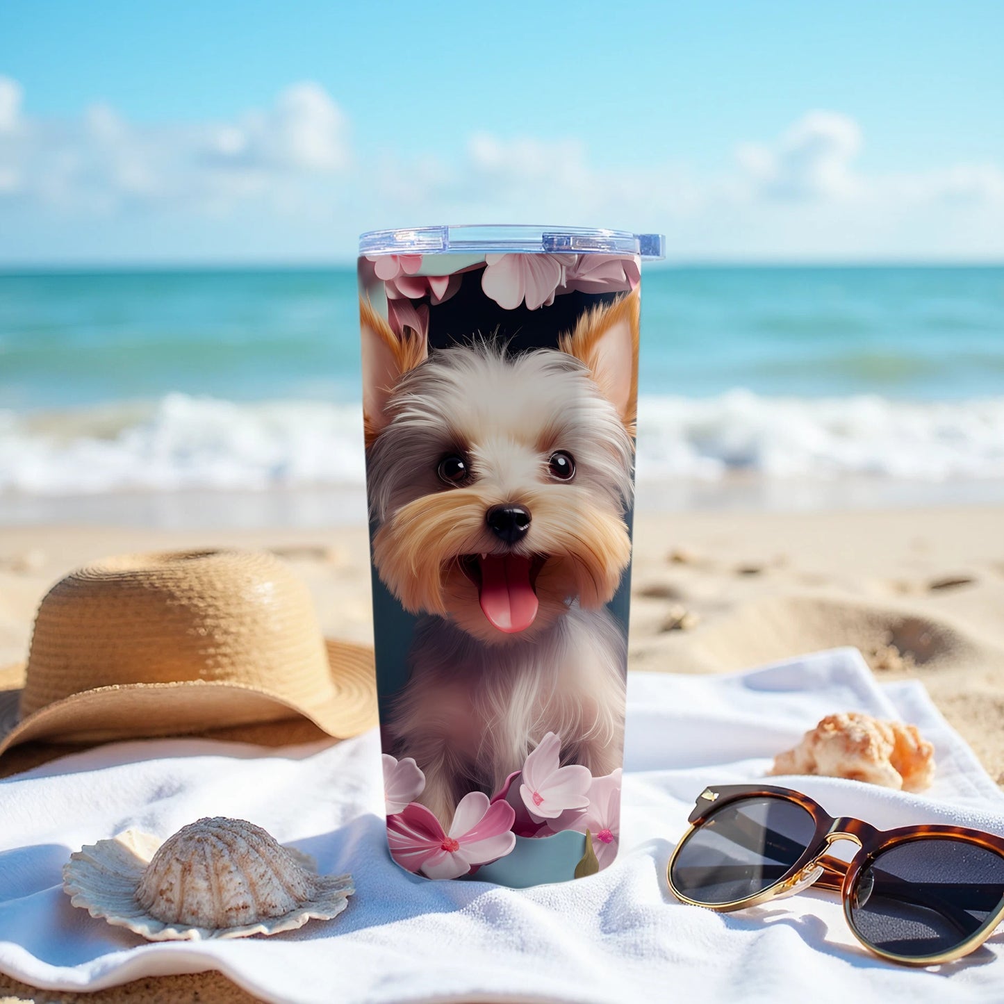 Cute Yorkie dog flower design travel cup beach scene product type
Yorkie
Yorkshire Terrier
Dog tumbler
Puppy design
Pet lover gift
Beach tumbler
Ocean theme
Summer vibes
Floral dog
Pink flowers
Cute dog art
Travel cup
Insulated tumbler
Drinkware
Animal print
Seaside product
Vacation gear
Dog mom gift
Adorable puppy
Unique tumbler