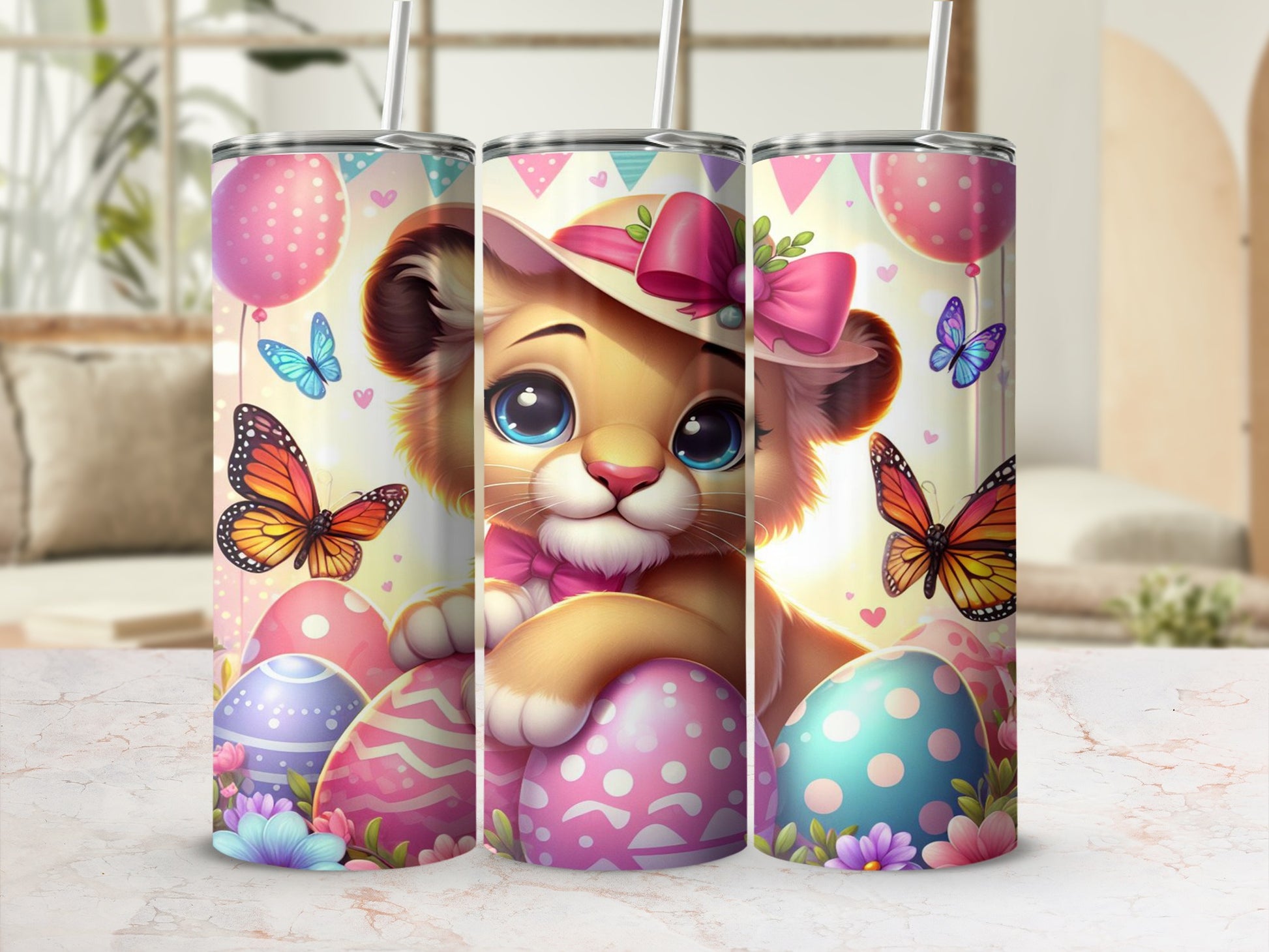 Cute lion cub with Easter eggs and butterflies on a pink striped tumbler.