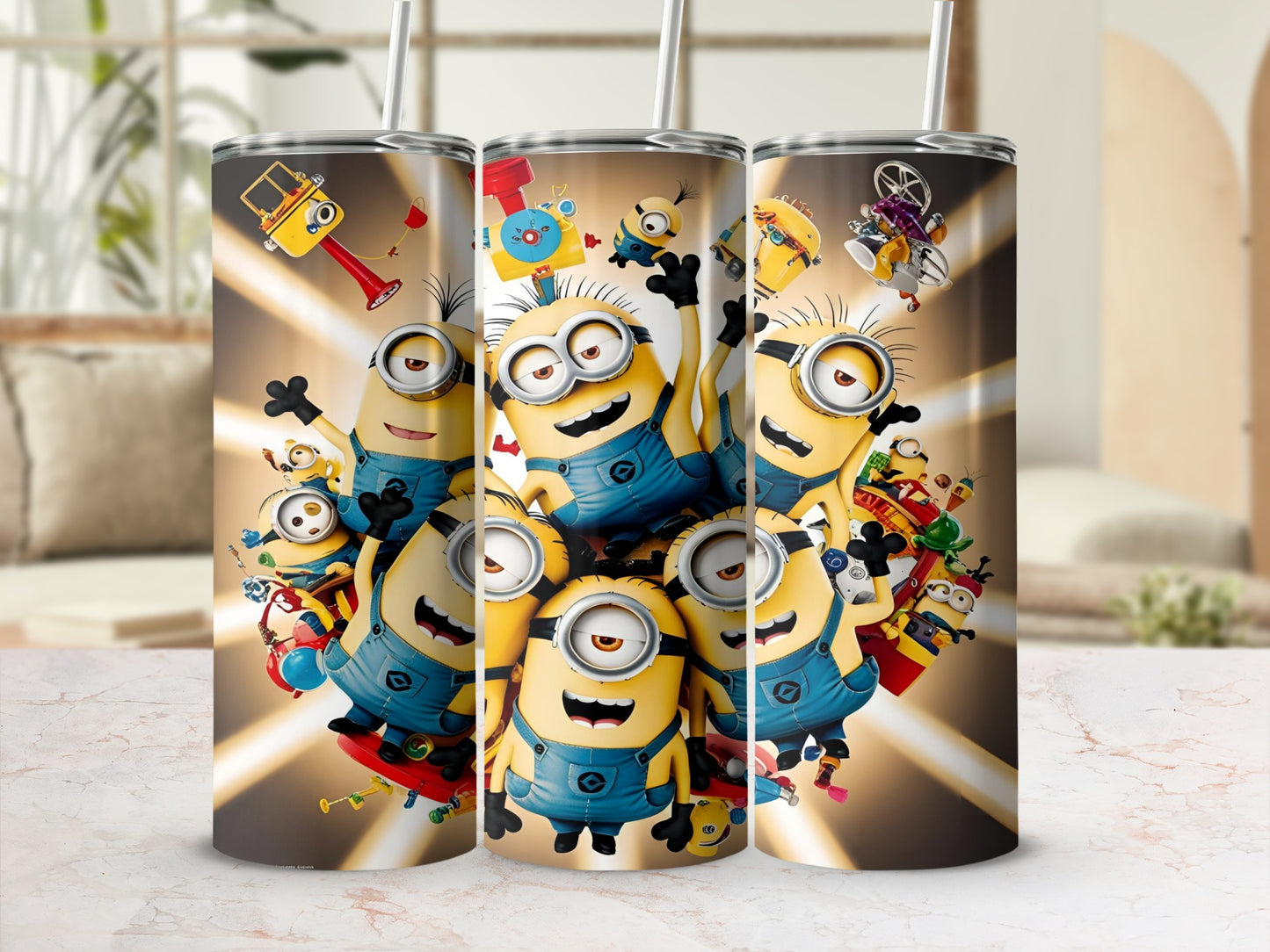 Minions character montage on a cylindrical tumbler.