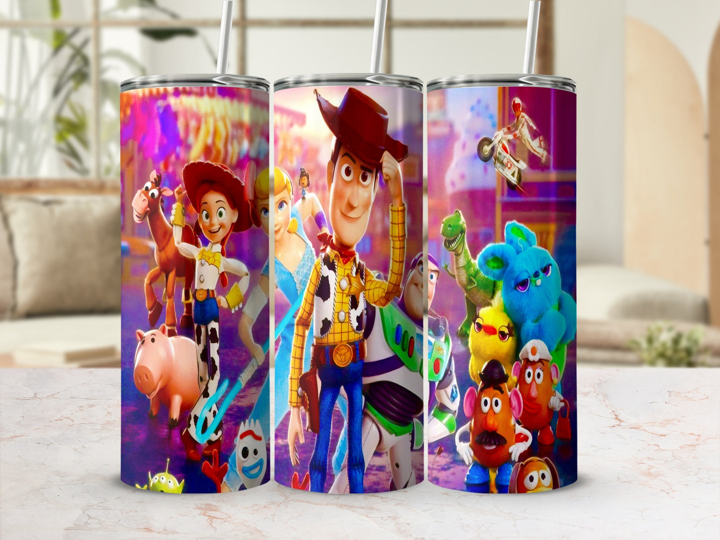 Toy Story characters Woody, Buzz Lightyear, Jessie, and more on a tumbler.