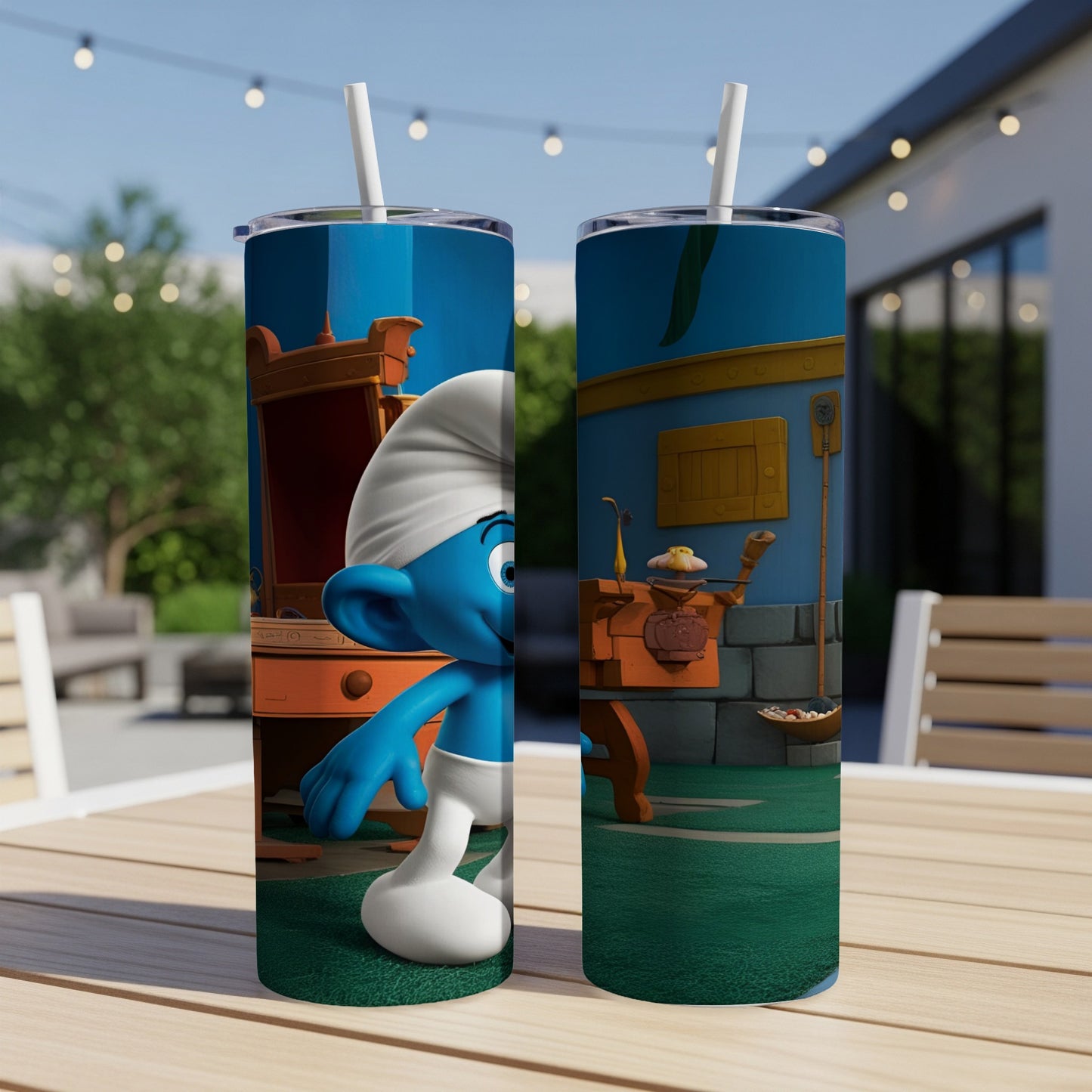 Smurf character on a blue and orange patterned tumbler with outdoor background.
