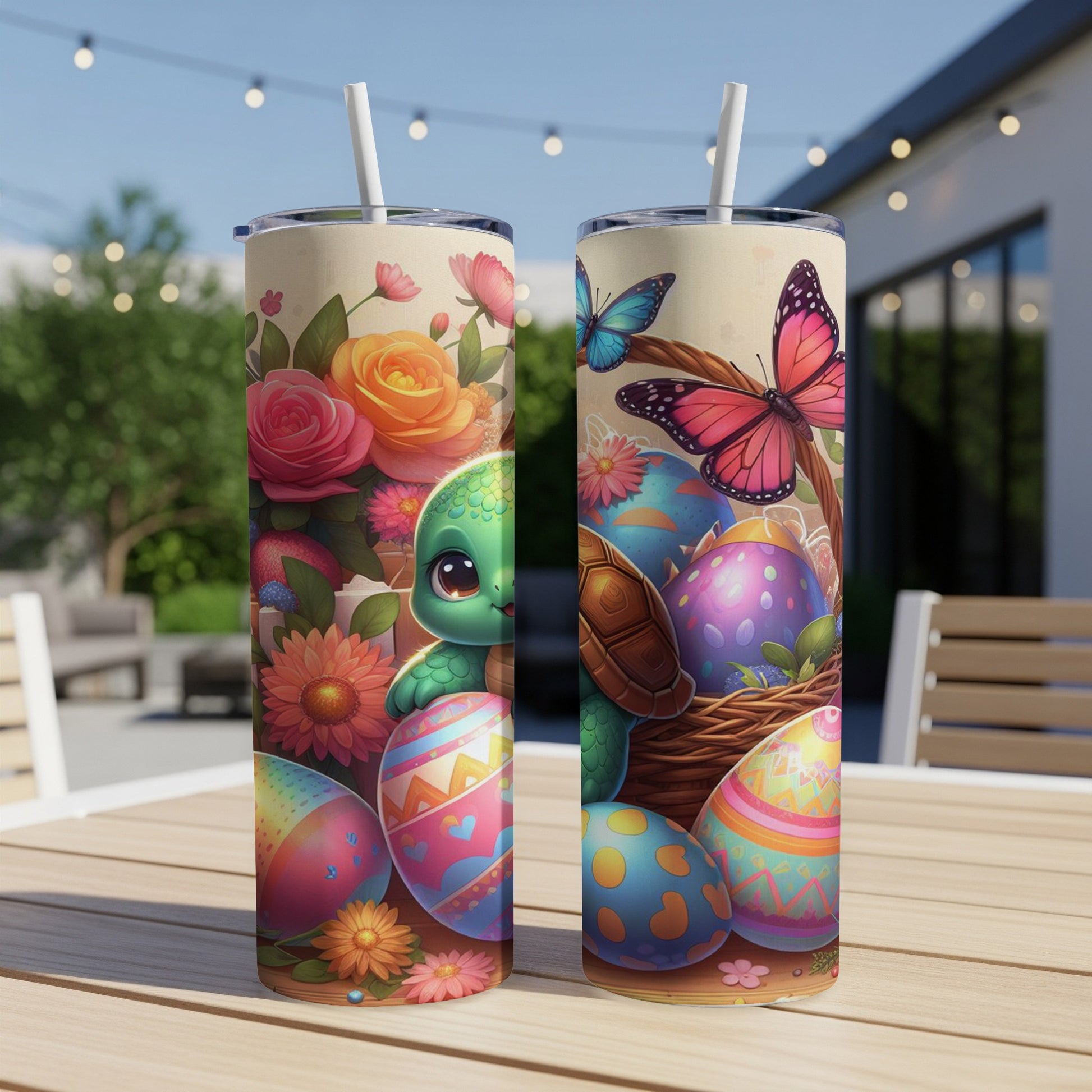 Two tumblers with Easter eggs, a turtle, and butterflies on a table.