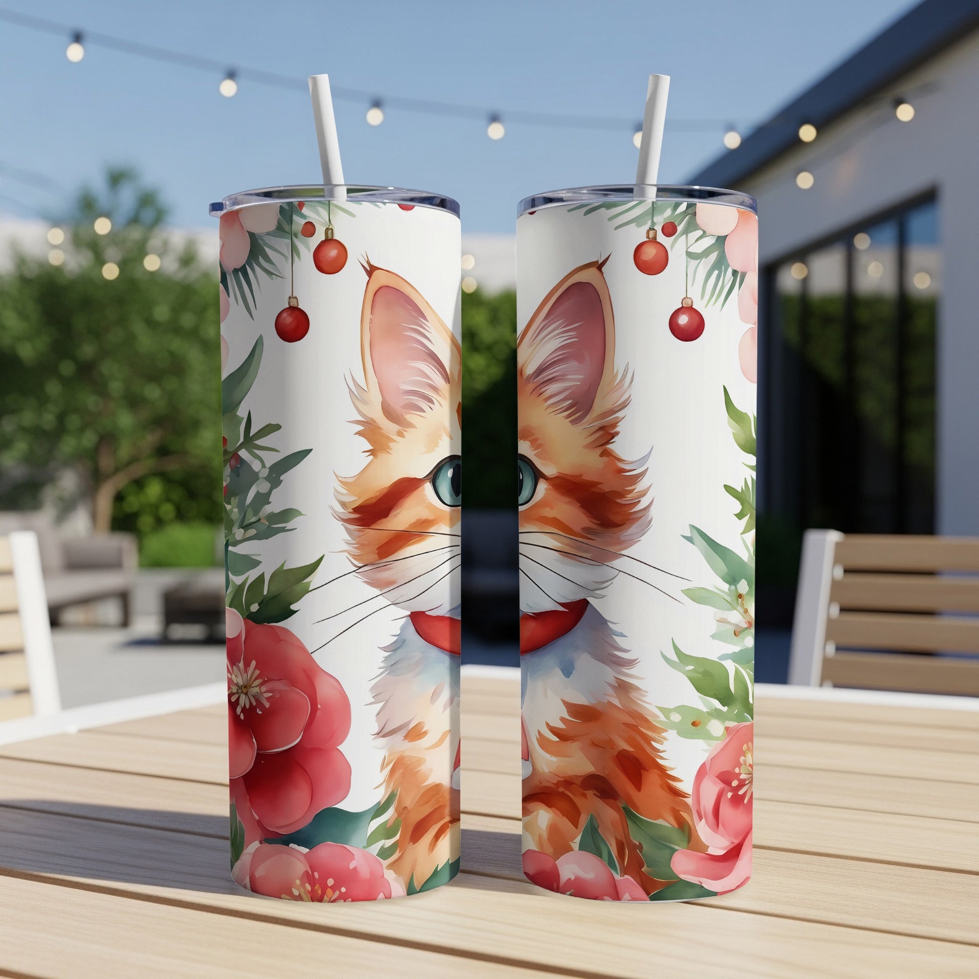Two tumblers with a watercolor orange cat and floral design.