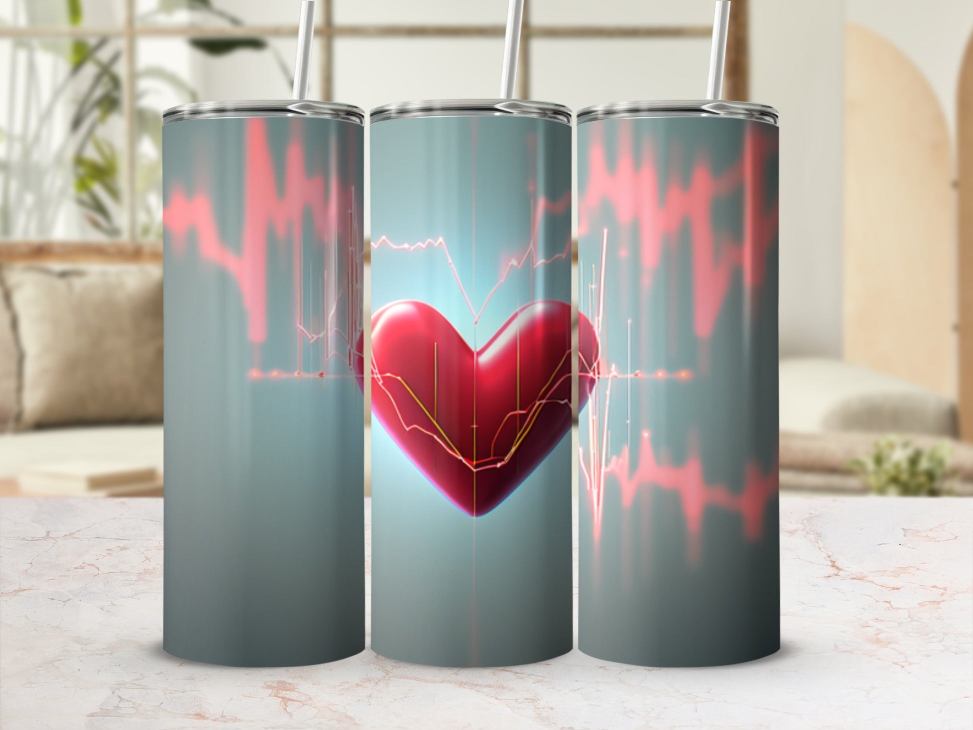 Heartbeat design on a gray tumbler with a straw.