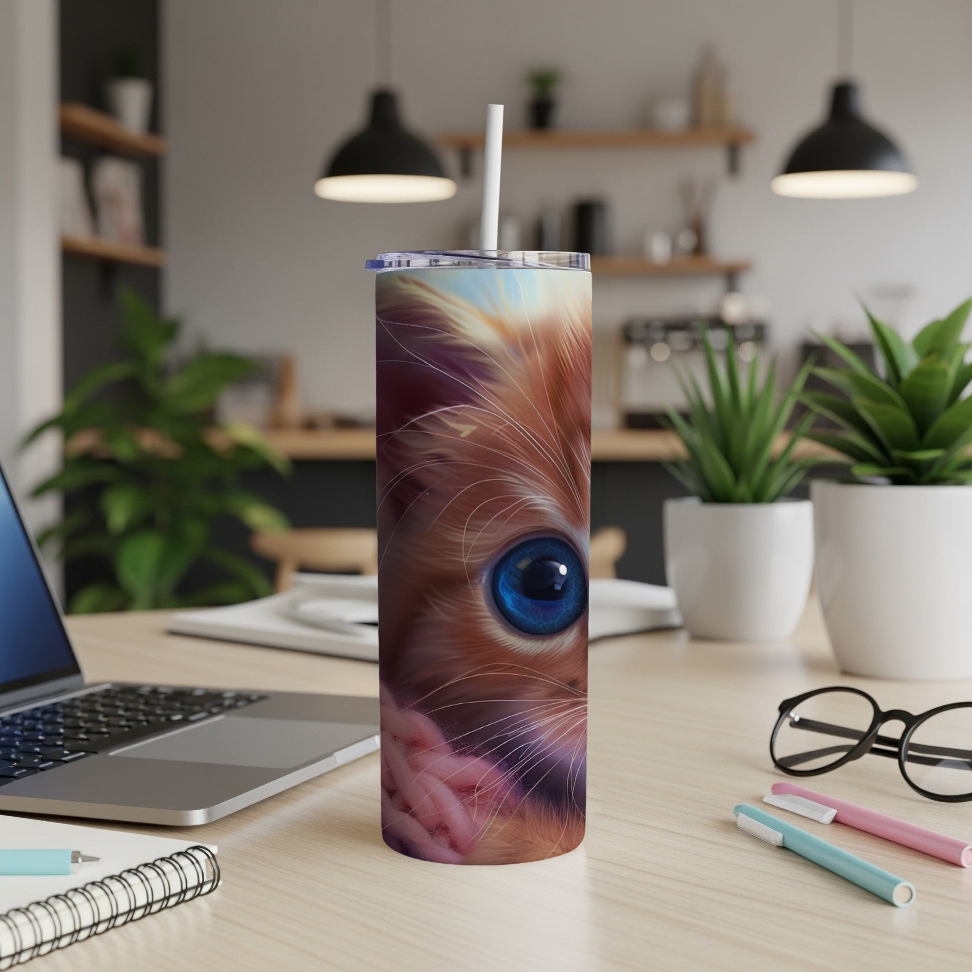 Close-up of a fluffy orange cat's eye on a tumbler, with a laptop and pens.