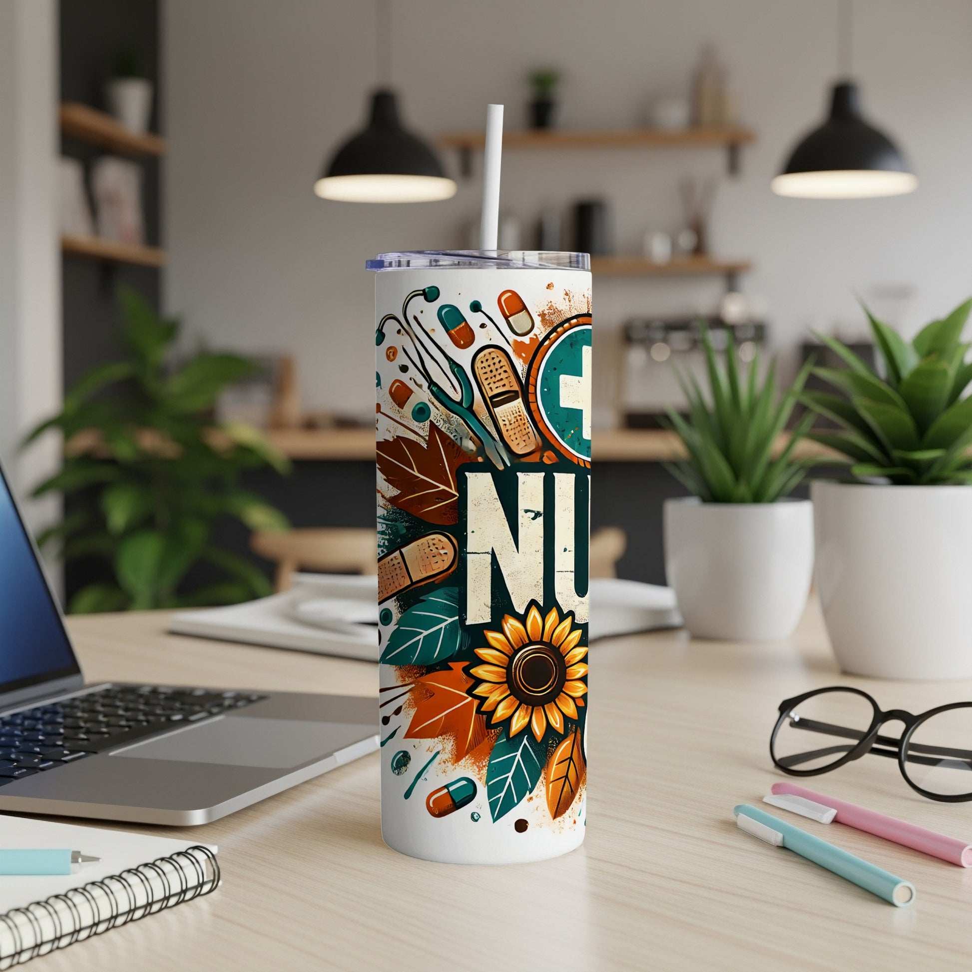 White skinny tumbler with "NURSE" text, medical icons, and sunflower design.