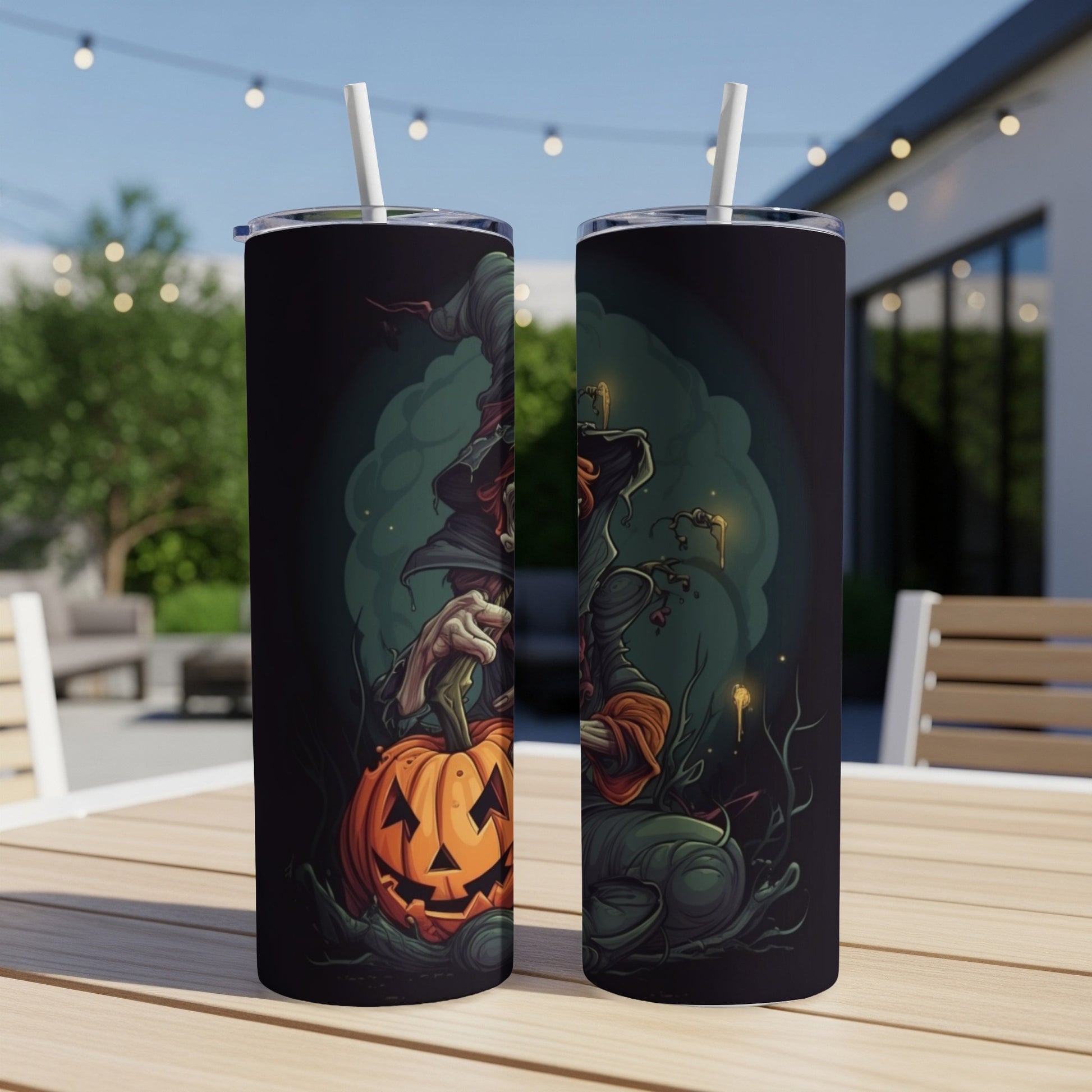 Two tumblers featuring a spooky witch and a jack-o'-lantern illustration.